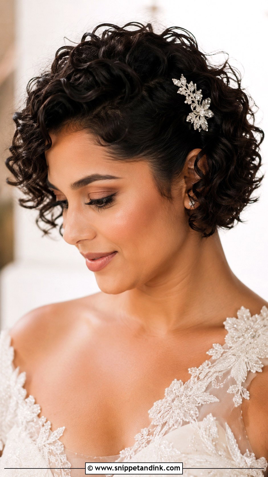 Short Curly Bridal Hair With Side Clip - Snippet and Ink - 15 Short Curly Hair Bridal Hairstyles