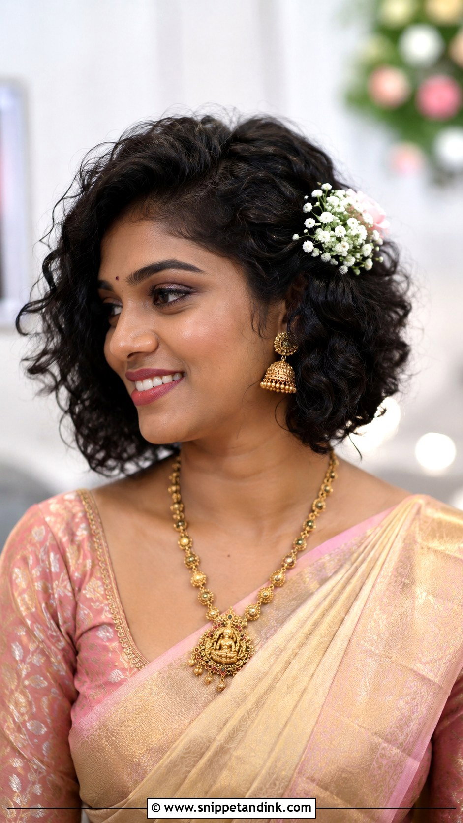 Short Curly Hair Engagement Hairstyle - Snippet and Ink - 15 Short Hair Indian Engagement Hairstyles