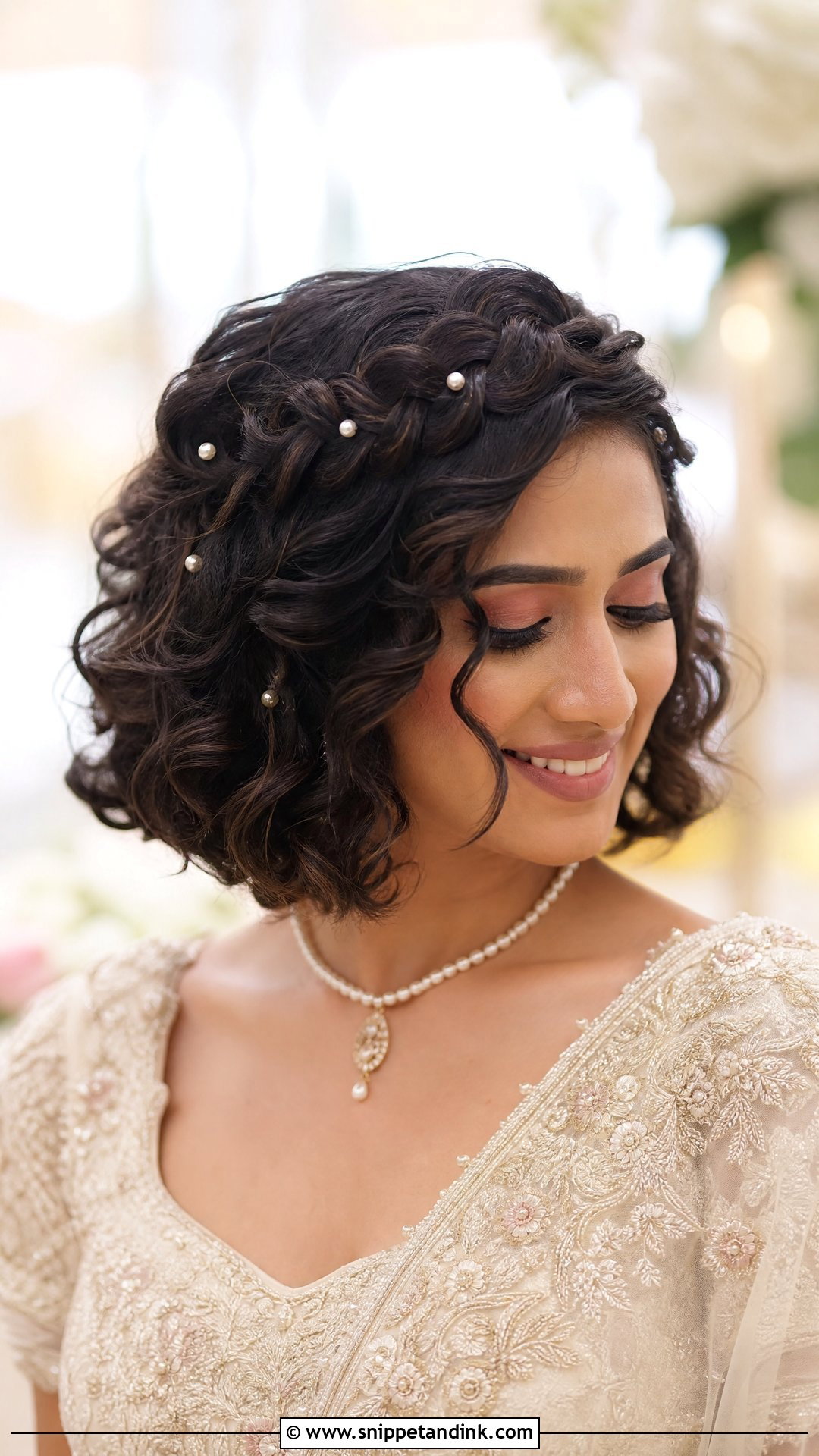 Short Curly Hair With Braided Crown For Wedding - Snippet and Ink - 20 Short Curly Hair for Wedding Ideas