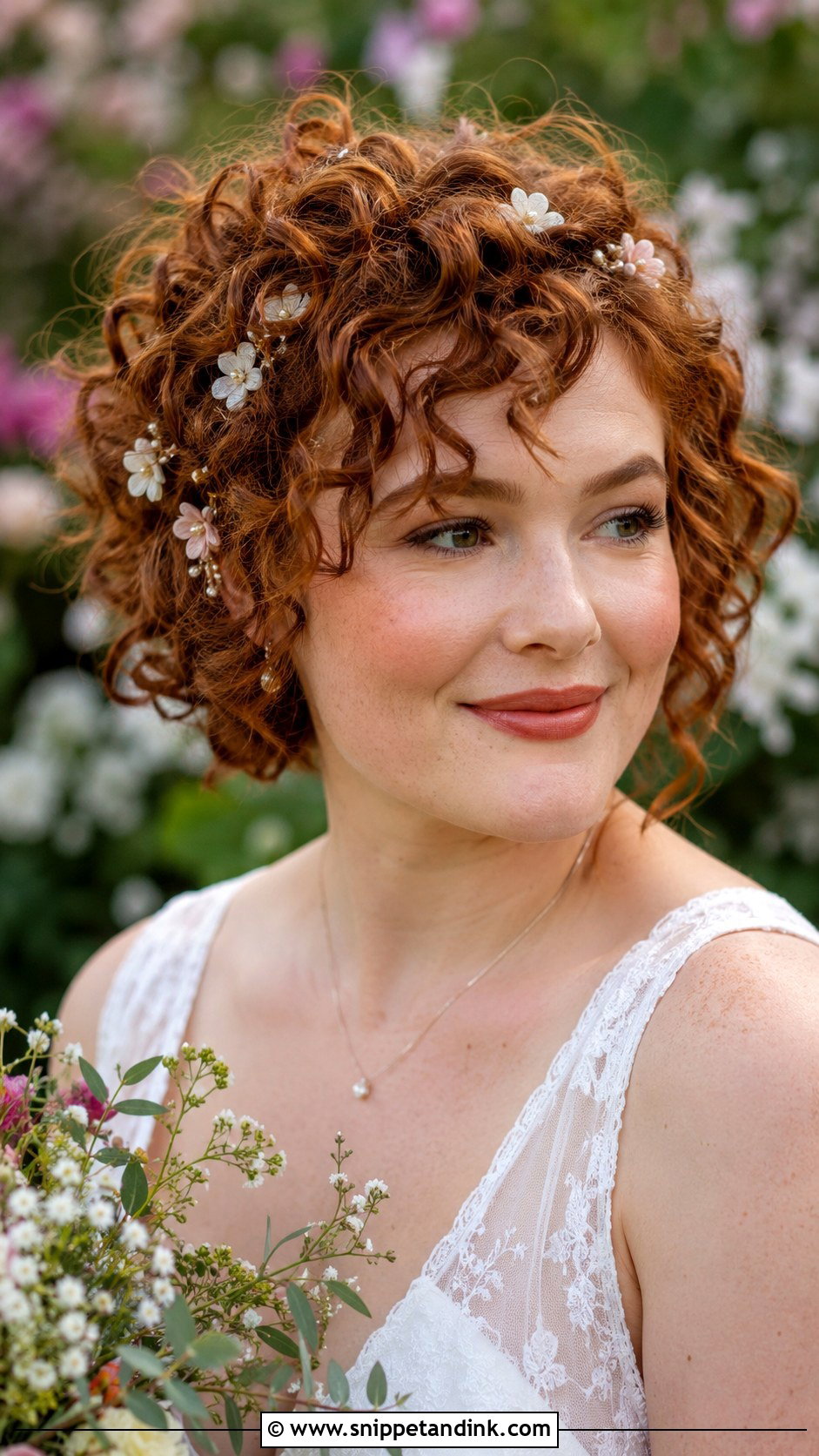 Short Curly Hair With Floral Hairpins - Snippet and Ink - 20 Short Curly Wedding Hairstyles