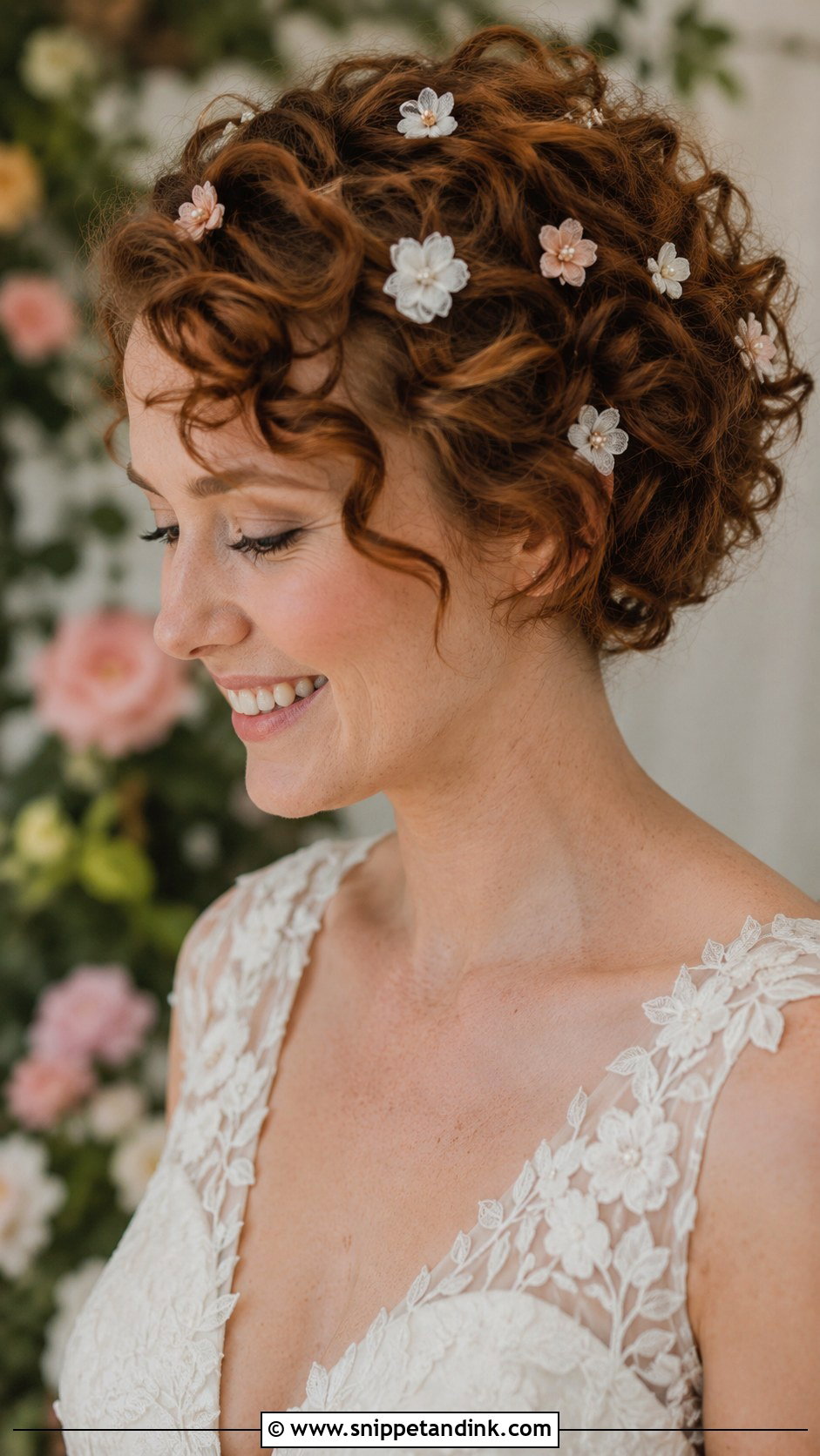 Short Curly Hair With Floral Pins - Snippet and Ink - 25 Short Curly Bridal Hair Ideas