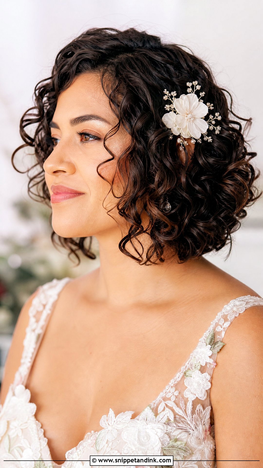 Short Curly Hair With Flower Clip For Wedding - Snippet and Ink - 20 Short Curly Hair for Wedding Ideas