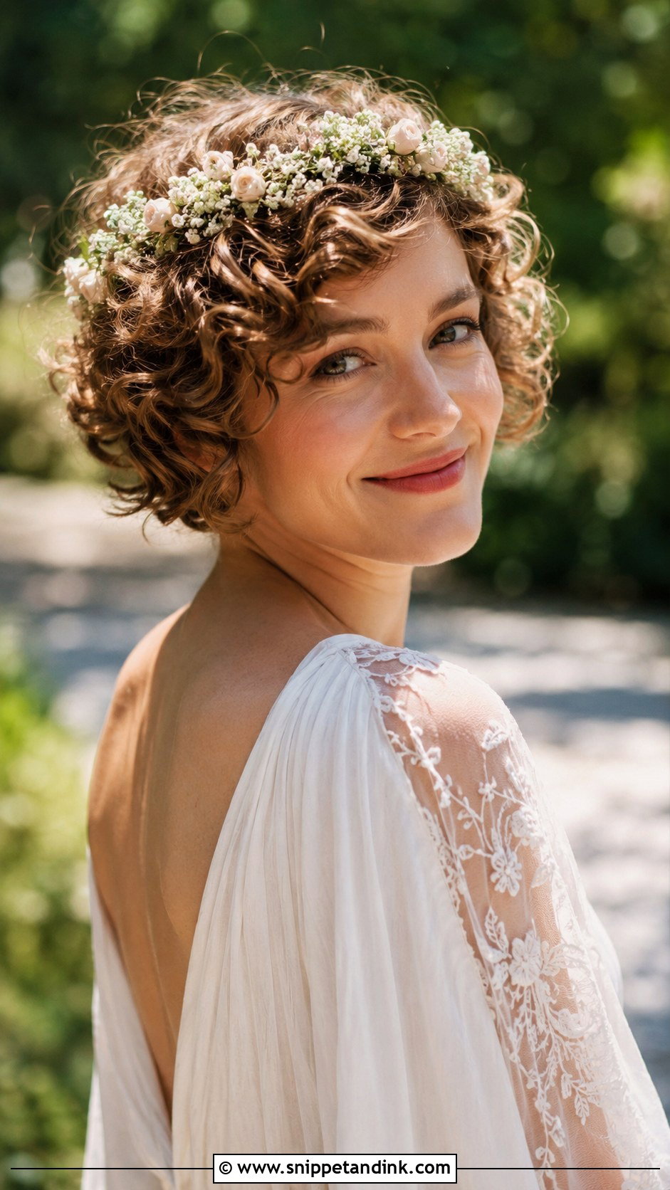 Short Curly Hair With Flower Crown - Snippet and Ink - 25 Short Curly Bridal Hair Ideas