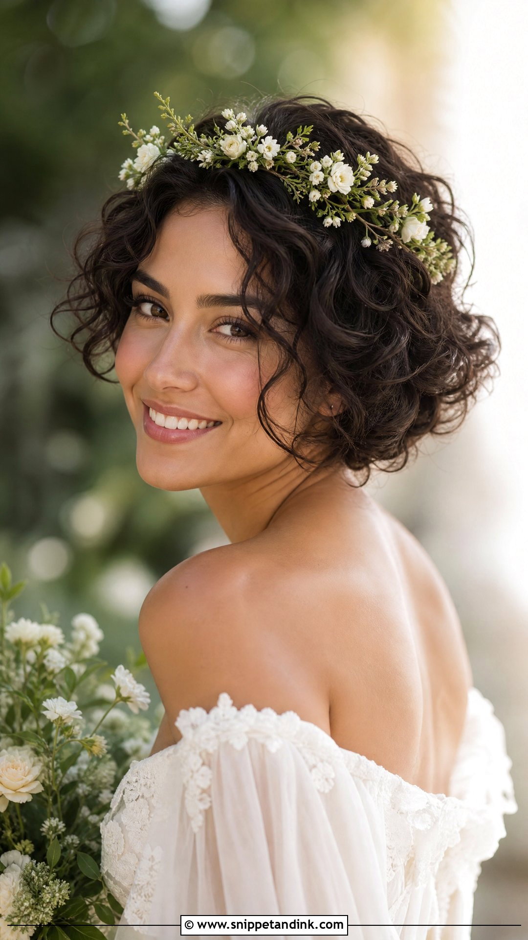Short Curly Hair With Flower Crown - Snippet and Ink - 15 Curly Short Hair Wedding Styles