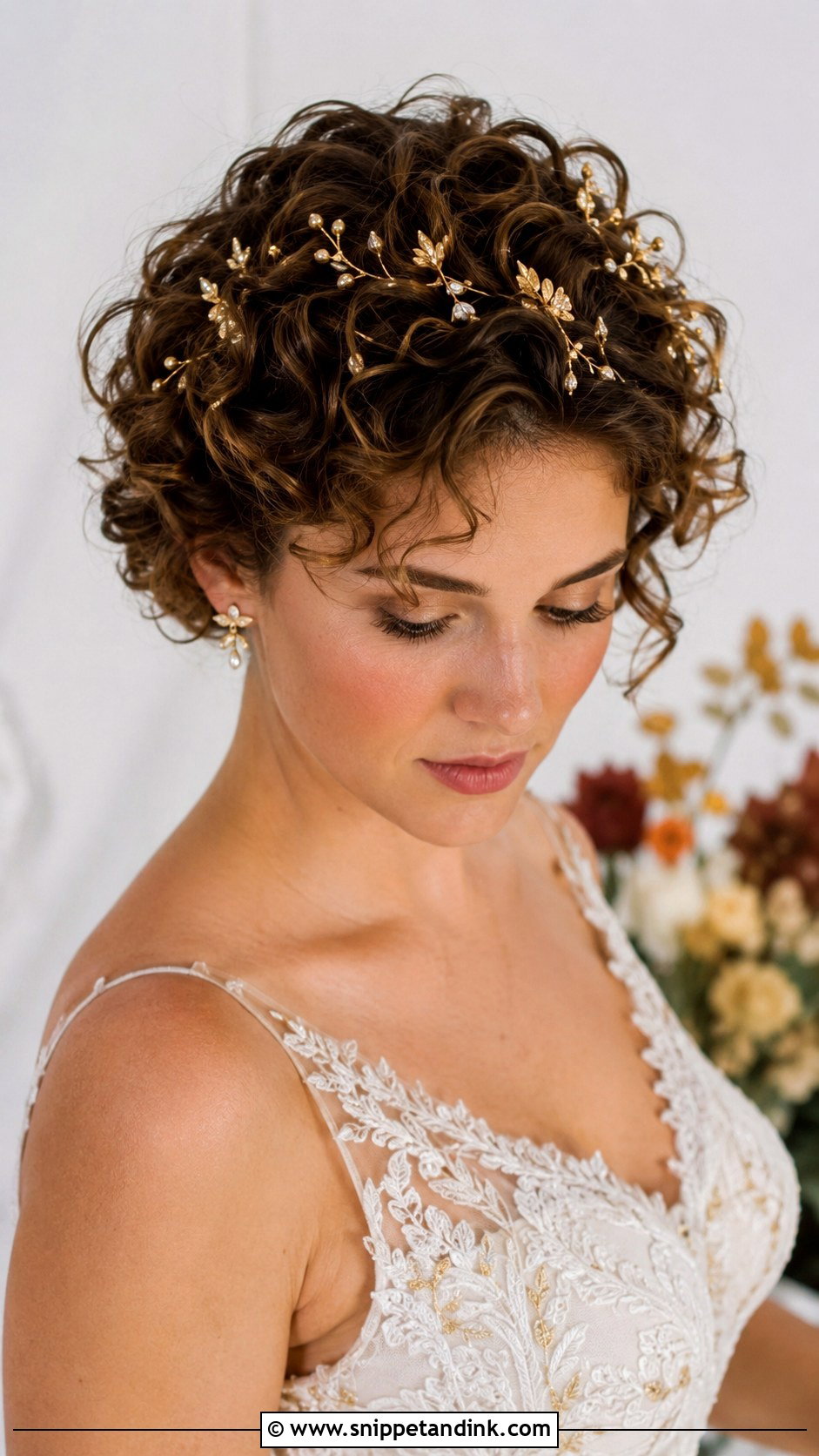 Short Curly Hair With Gold Accessories - Snippet and Ink - 25 Short Curly Bridal Hair Ideas