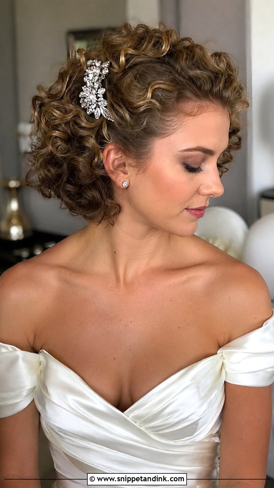 Short Curly Hair With Jeweled Clip - Snippet and Ink - 25 Short Curly Bridal Hair Ideas