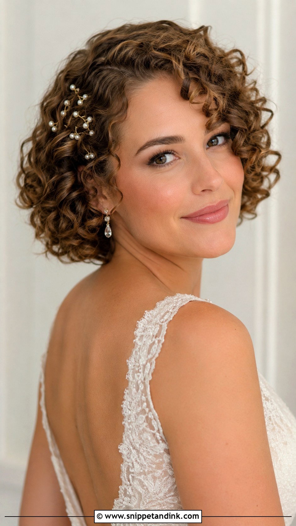Short Curly Hair With Pearl Pins - Snippet and Ink - 15 Short Wedding Hairstyles for Curly Hair