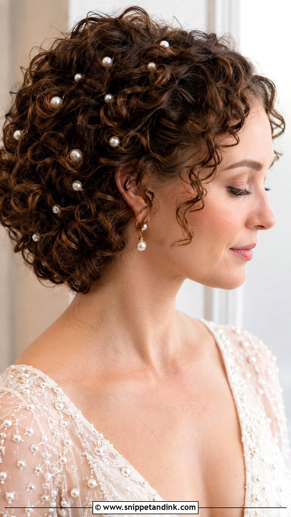 Short Curly Hair With Pearl Pins - Snippet and Ink - 25 Short Curly Bridal Hair Ideas