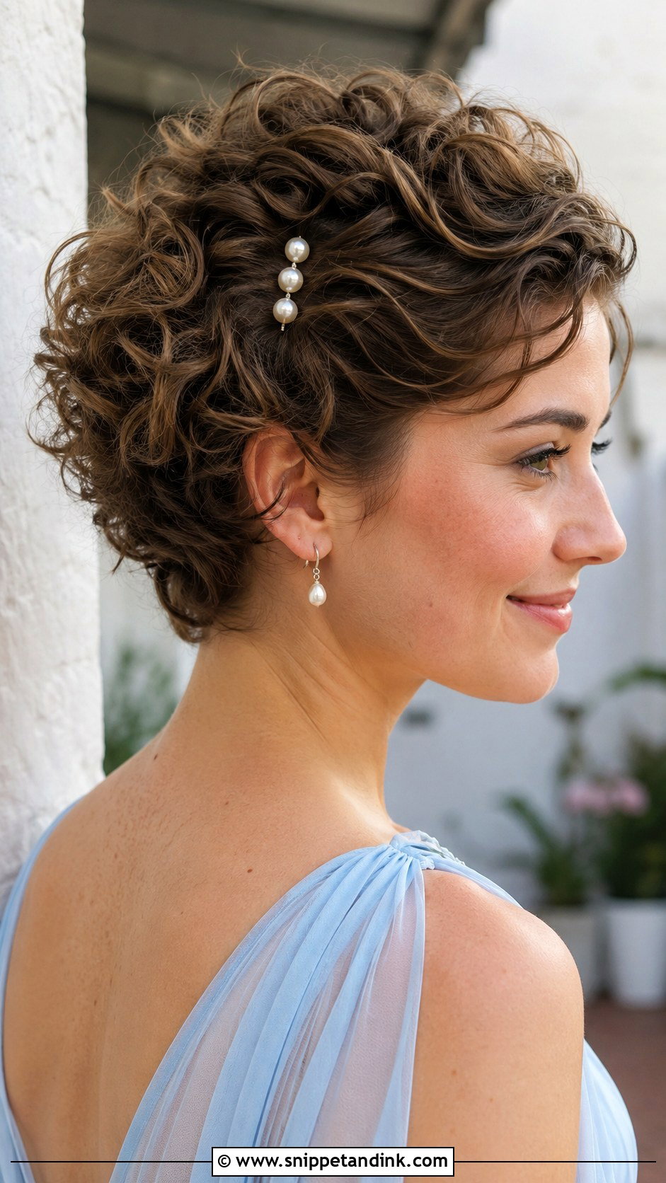 Short Curly Hair With Pearl Pins Wedding Guest - Snippet and Ink - 15 Short Curly Hair Wedding Guest Styles