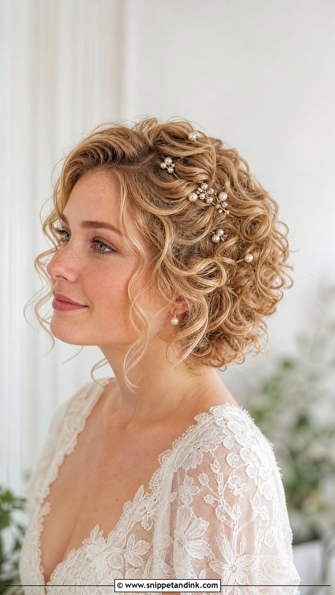 Short Curly Hair With Pearl Pins Wedding - Snippet and Ink - 15 Curls for Short Hair Wedding