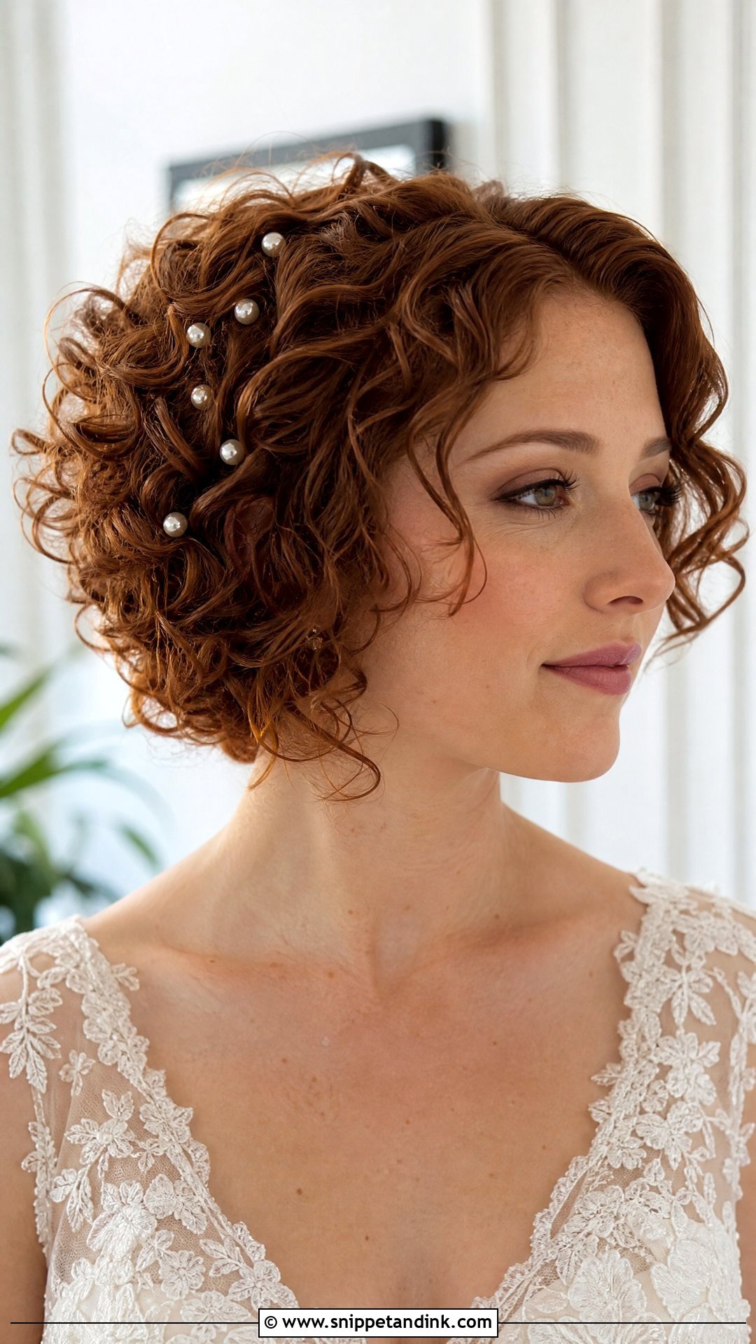 Short Curly Hair With Pearl Pins - Snippet and Ink - 15 Curly Short Hair Wedding Styles