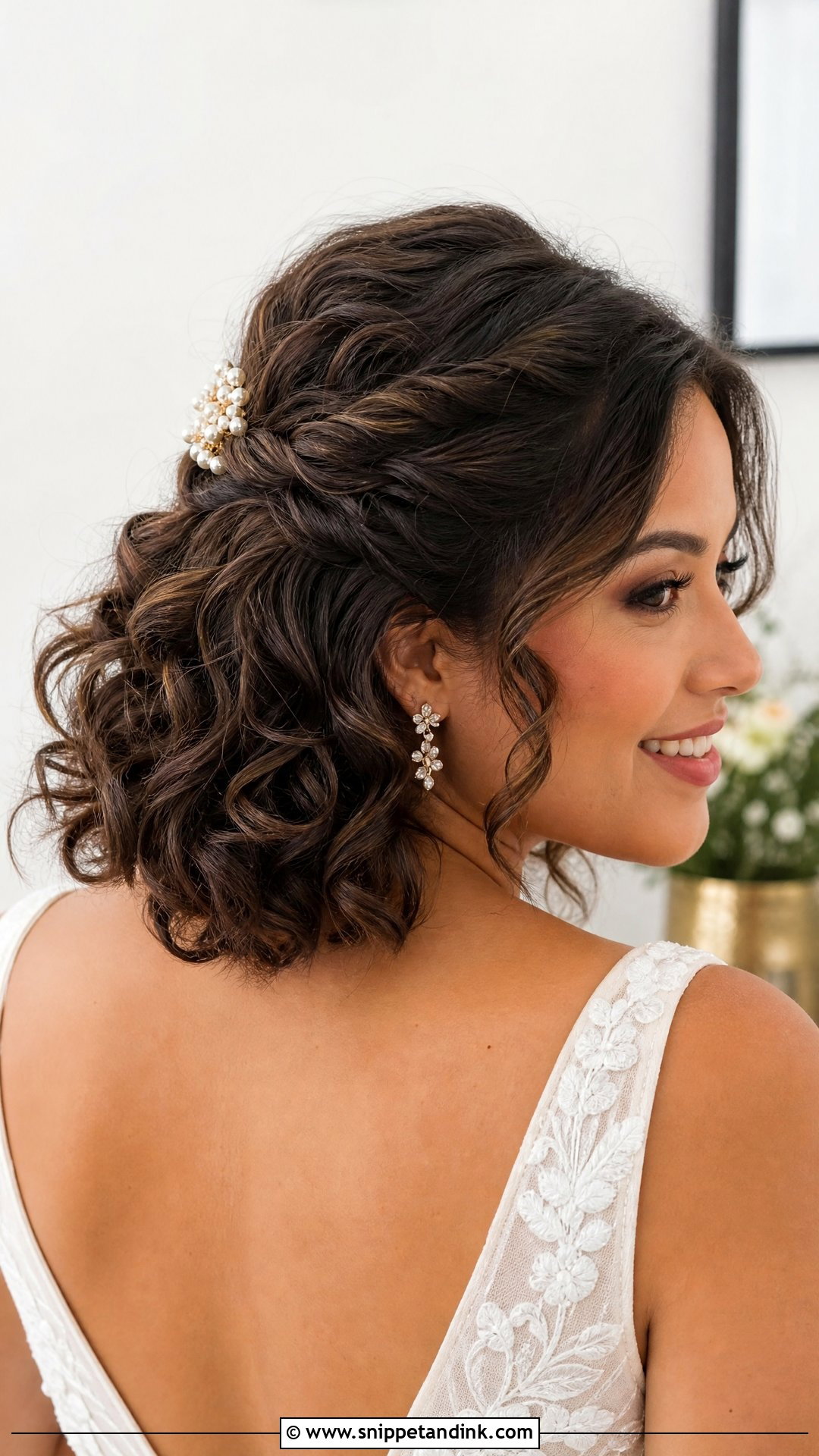 Short Curly Half Up Wedding Hair - Snippet and Ink - 15 Curls for Short Hair Wedding