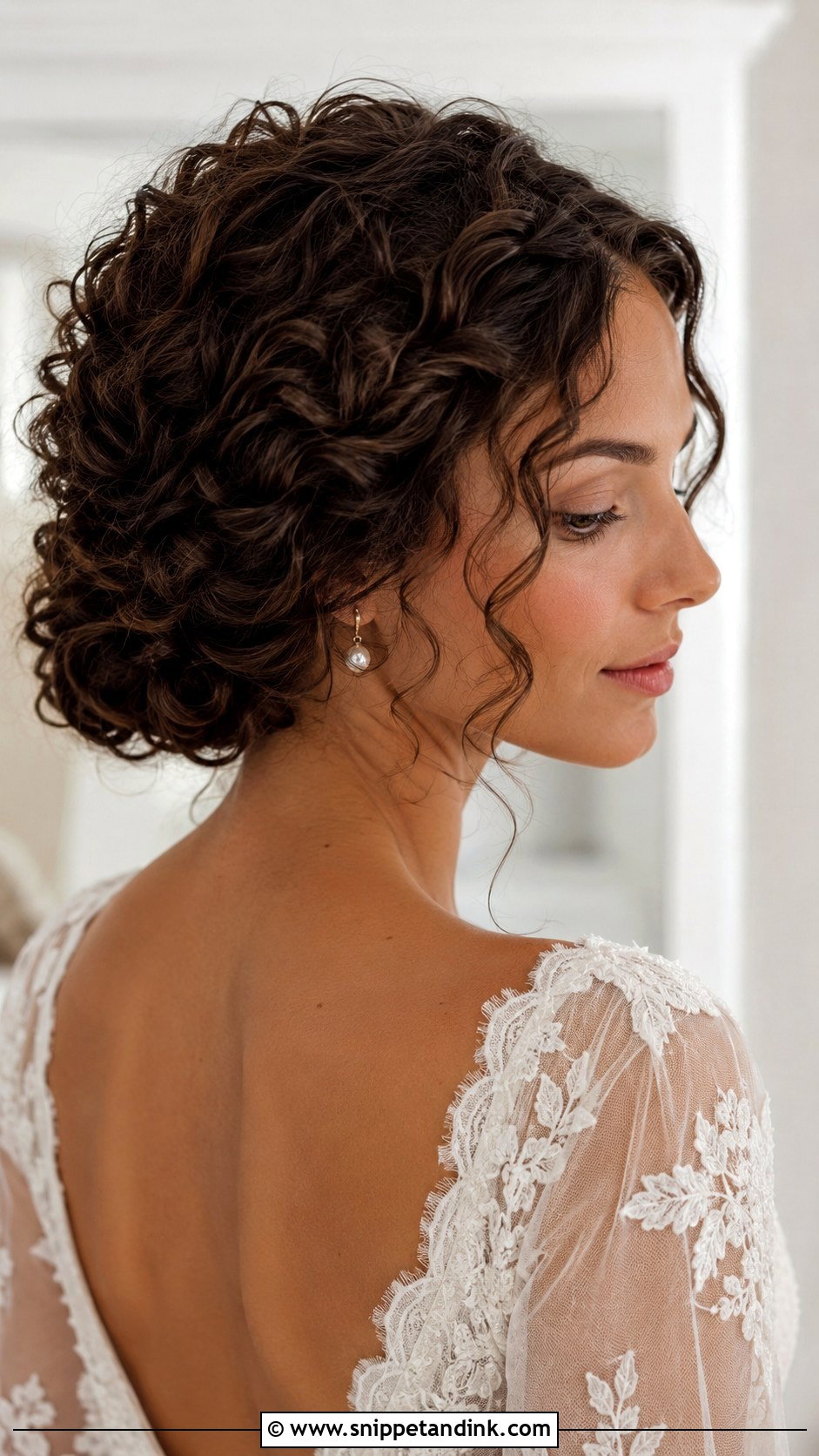 Short Curly Low Pinned Wedding Hairstyle - Snippet and Ink - 15 Short Wedding Hairstyles for Curly Hair