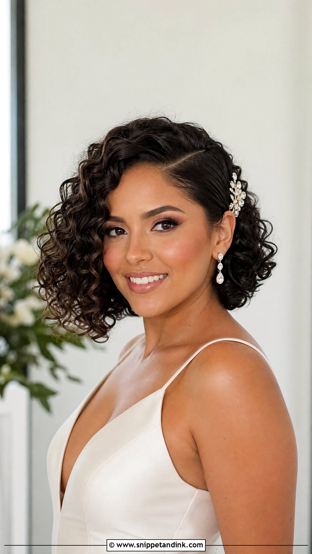 Short Curly Side Part Wedding Hair - Snippet and Ink - 15 Curly Short Hair Wedding Styles