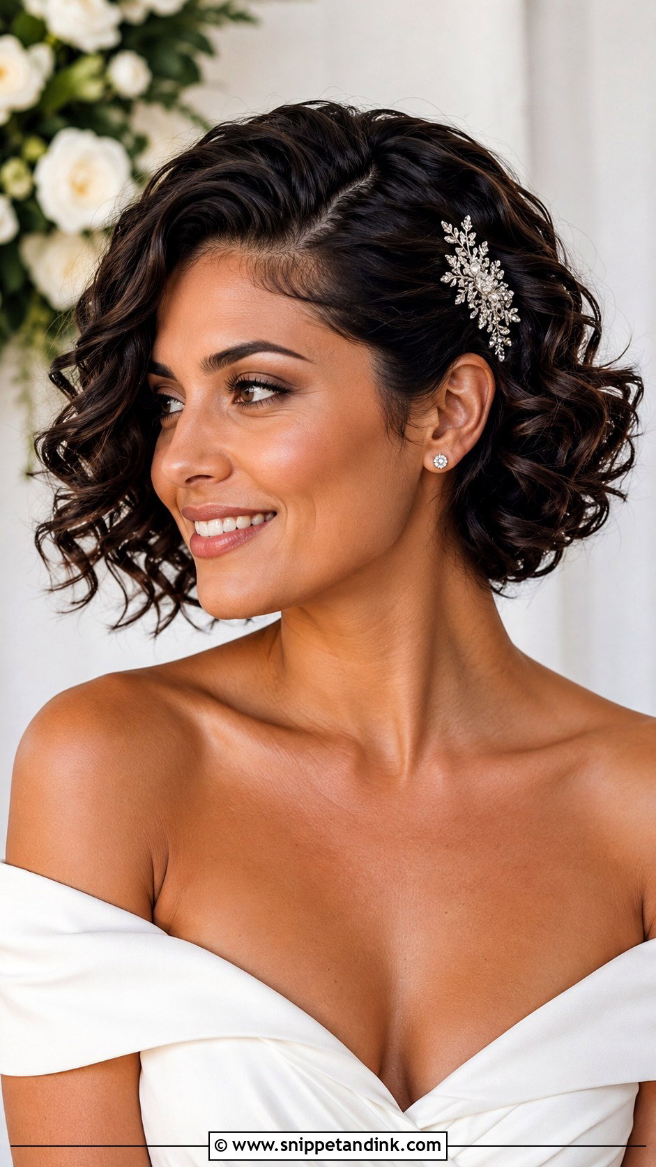 Short Curly Side Swept Wedding Hairstyle - Snippet and Ink - 15 Short Wedding Hairstyles for Curly Hair