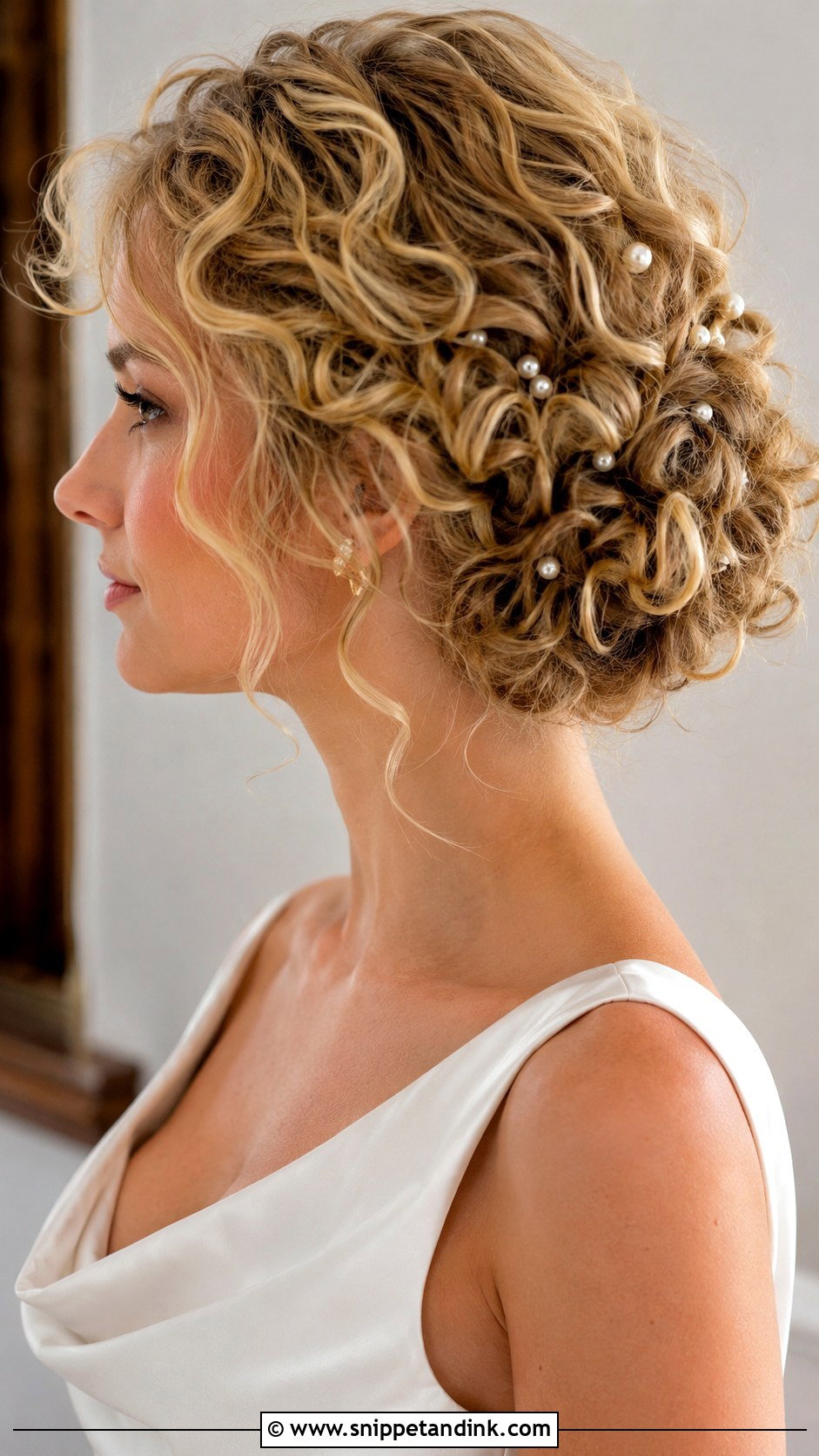 Short Curly Updo With Pearl Pins - Snippet and Ink - 15 Short Curly Hair Updo for Wedding Ideas