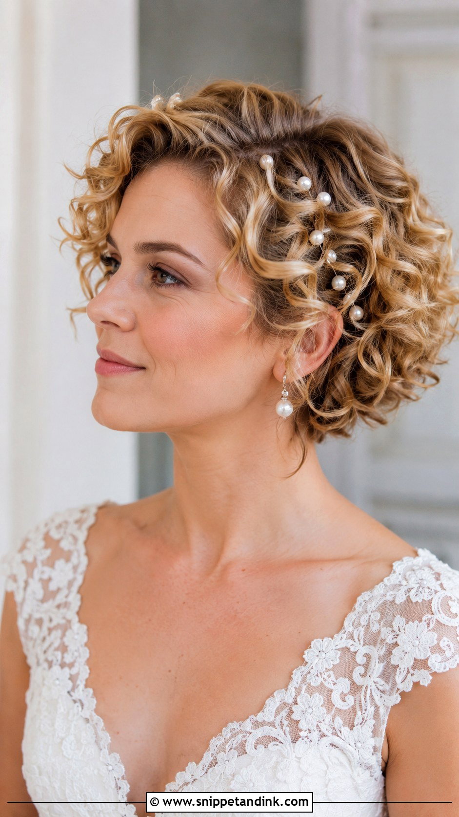 Short Curly Wedding Hairstyle With Pearl Pins - Snippet and Ink - 15 Short Curly Hair Wedding Hairstyles