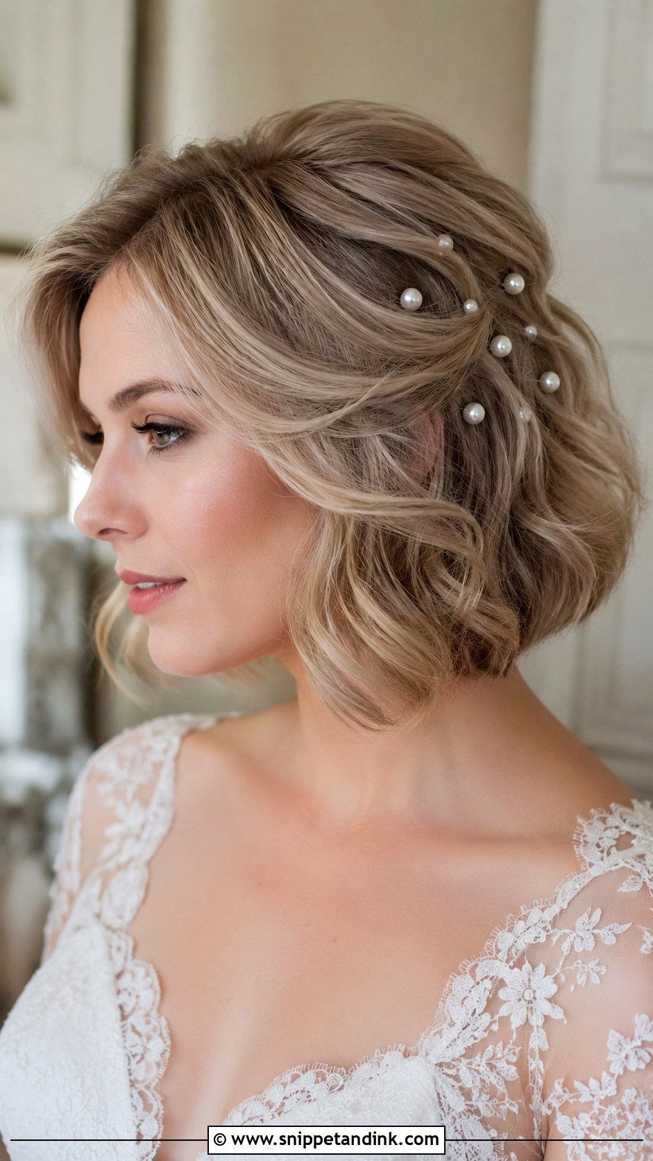 Short Hair Bridal Pearl Pin Bob - Snippet and Ink - 20 Bridal Hairstyle Short Hair Ideas