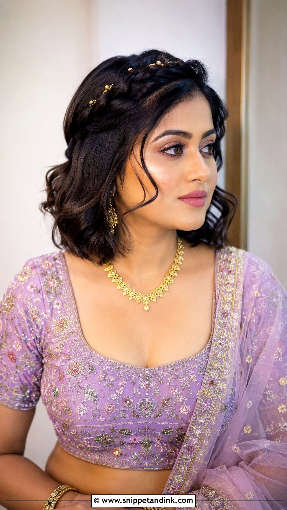 Short Hair Crown Braid Engagement Hairstyle - Snippet and Ink - 15 Short Hair Indian Engagement Hairstyles