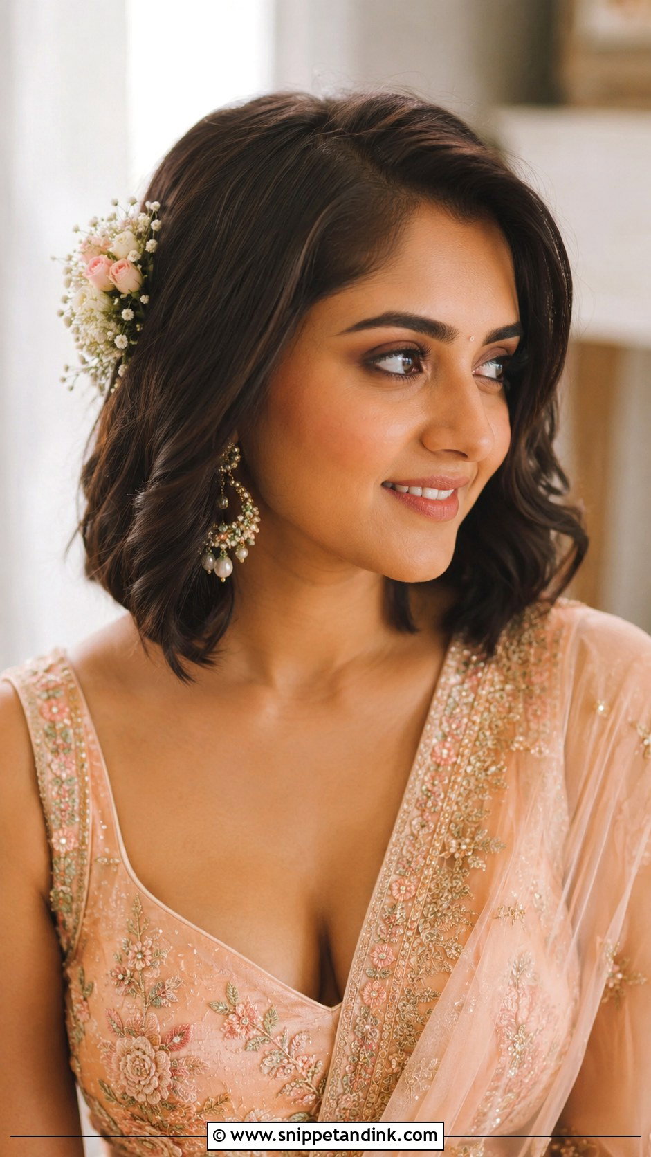 Short Hair Floral Engagement Hairstyle - Snippet and Ink - 15 Short Hair Indian Engagement Hairstyles