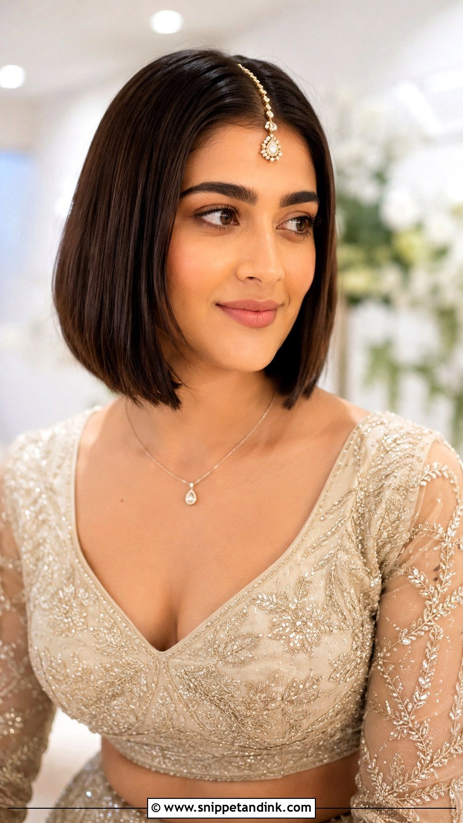 Short Hair Low Bun Engagement Hairstyle - Snippet and Ink - 15 Short Hair Indian Engagement Hairstyles