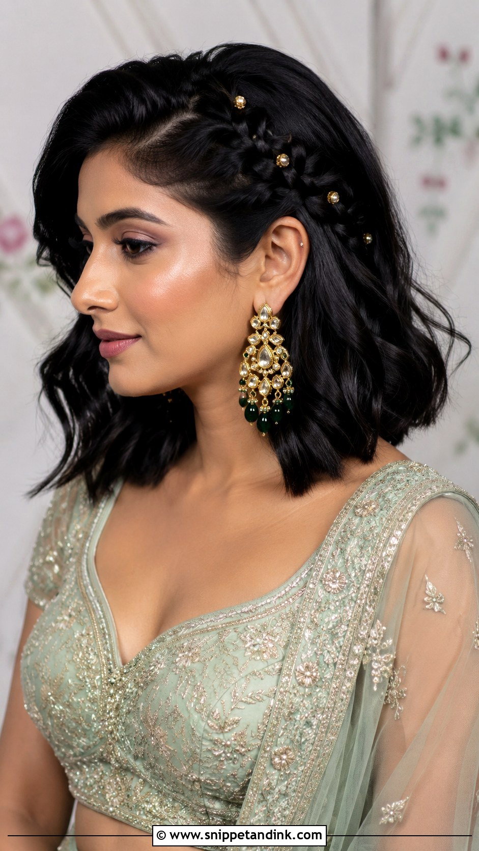 Short Hair Side Braid Engagement Hairstyle - Snippet and Ink - 15 Short Hair Indian Engagement Hairstyles