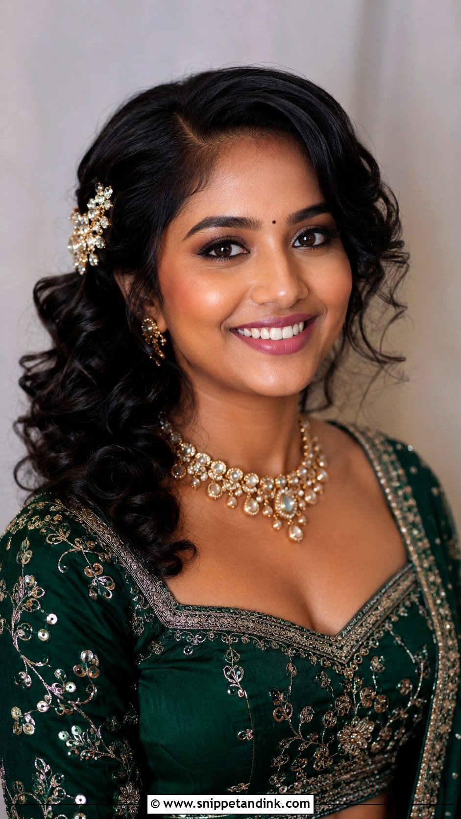 Short Hair Side Swept Curls Engagement Hairstyle - Snippet and Ink - 15 Short Hair Indian Engagement Hairstyles