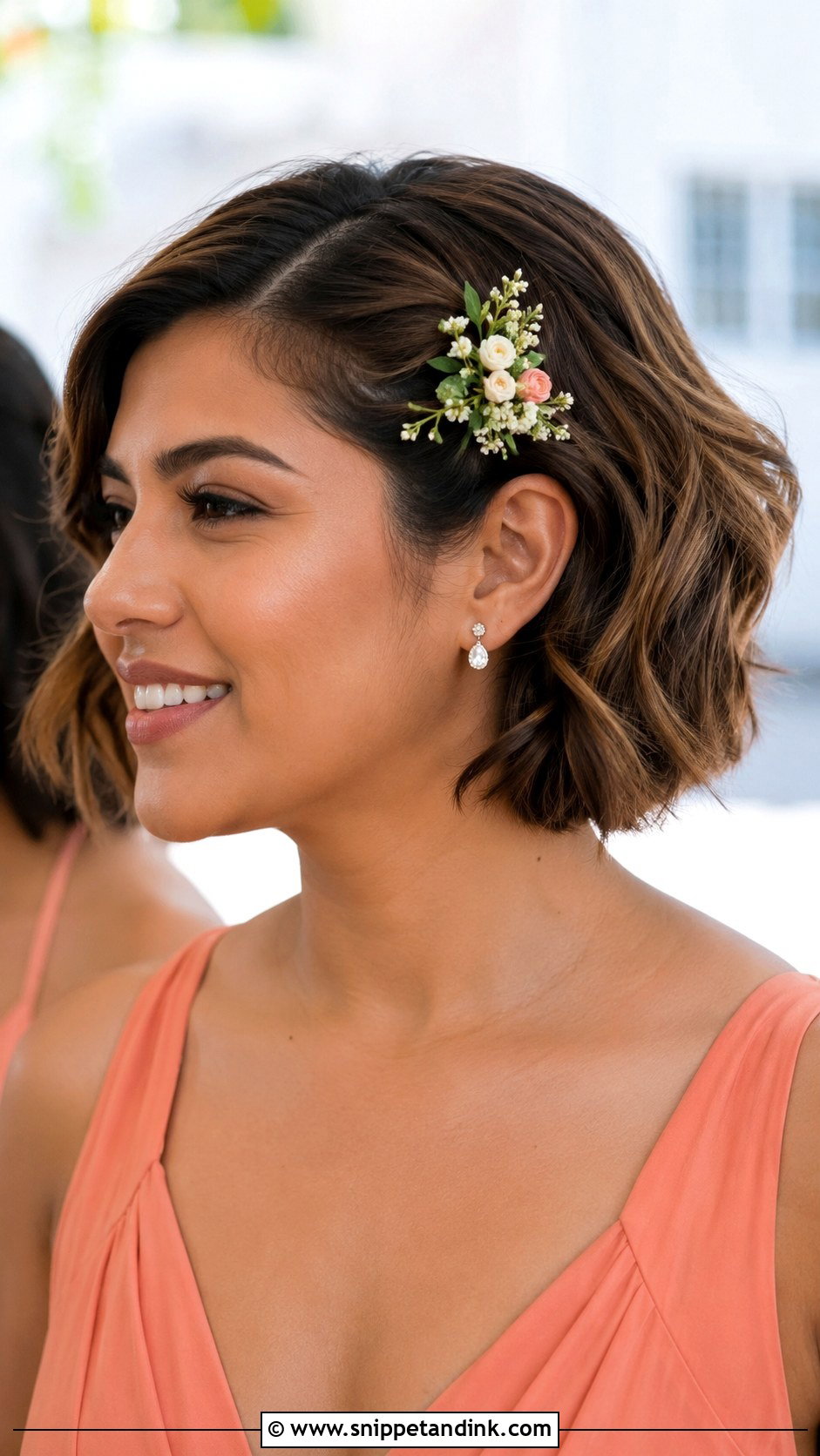 Short Hair With Floral Clip Bridesmaid Hairstyle - Snippet and Ink - 20 Bridesmaids Hairstyles for Short Hair