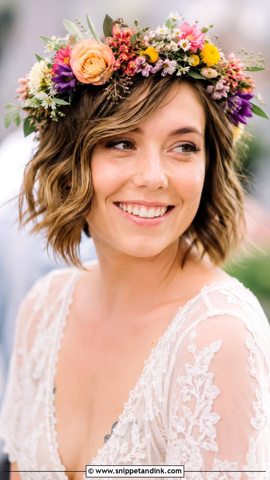 Short Hair With Floral Crown - Snippet and Ink - 30 Short Hair Bride Ideas
