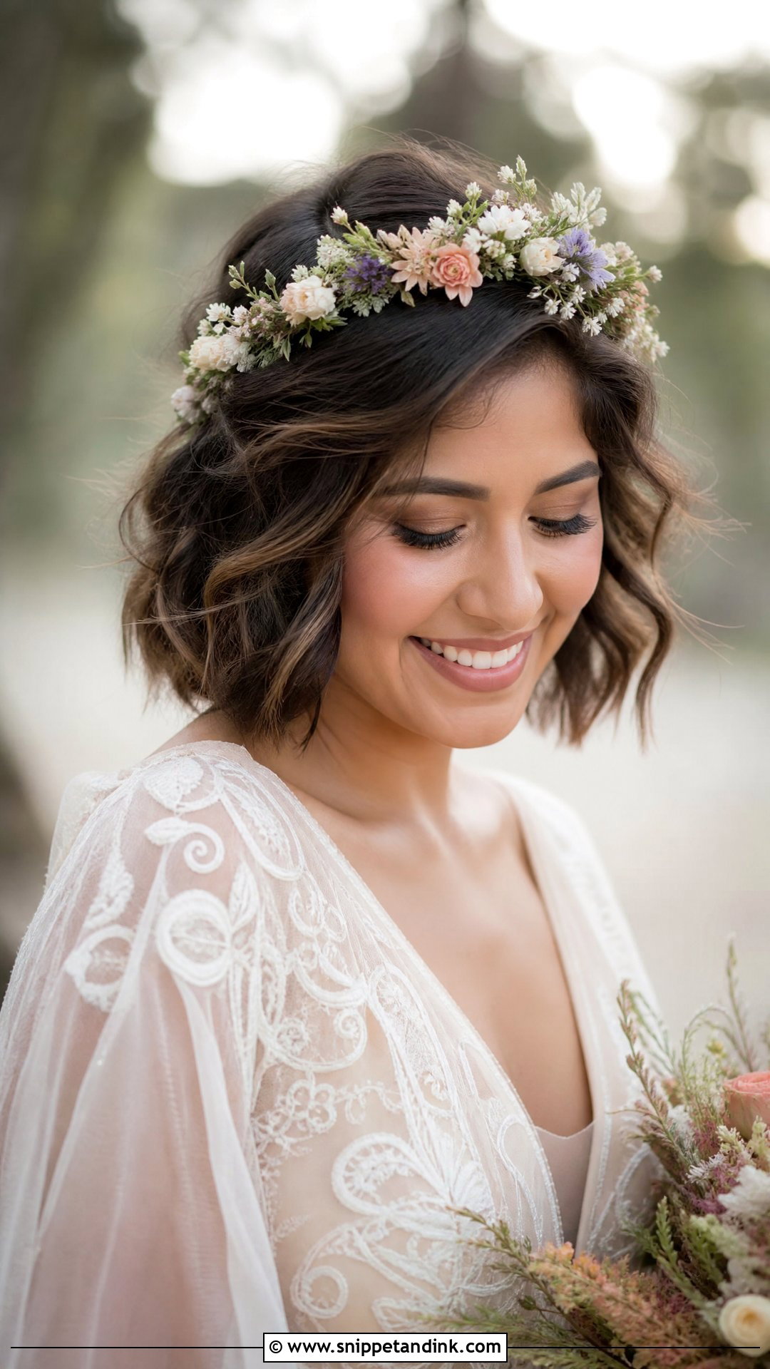 Short Hair With Floral Crown - Snippet and Ink - 30 Short Hair Styles for Wedding Guest