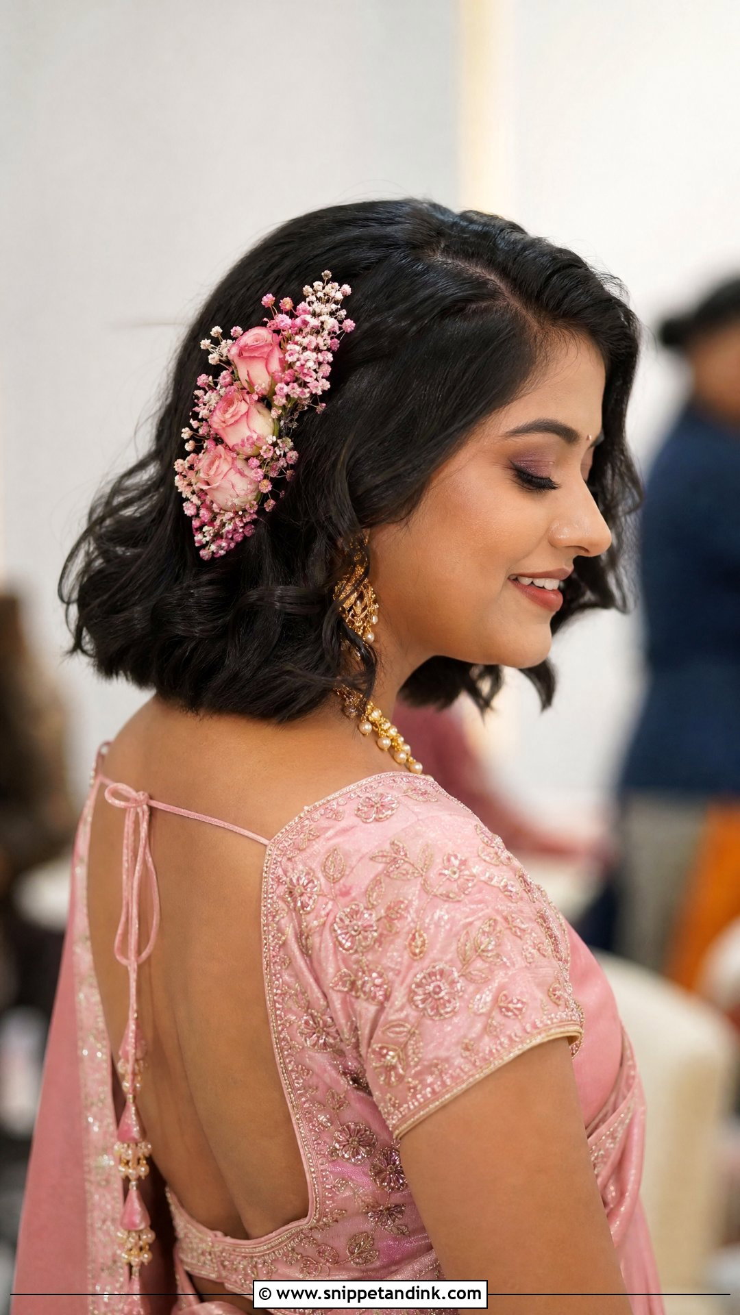 Short Hair With Floral Pins For Indian Wedding - Snippet and Ink - 20 Short Hair Styles Indian Wedding