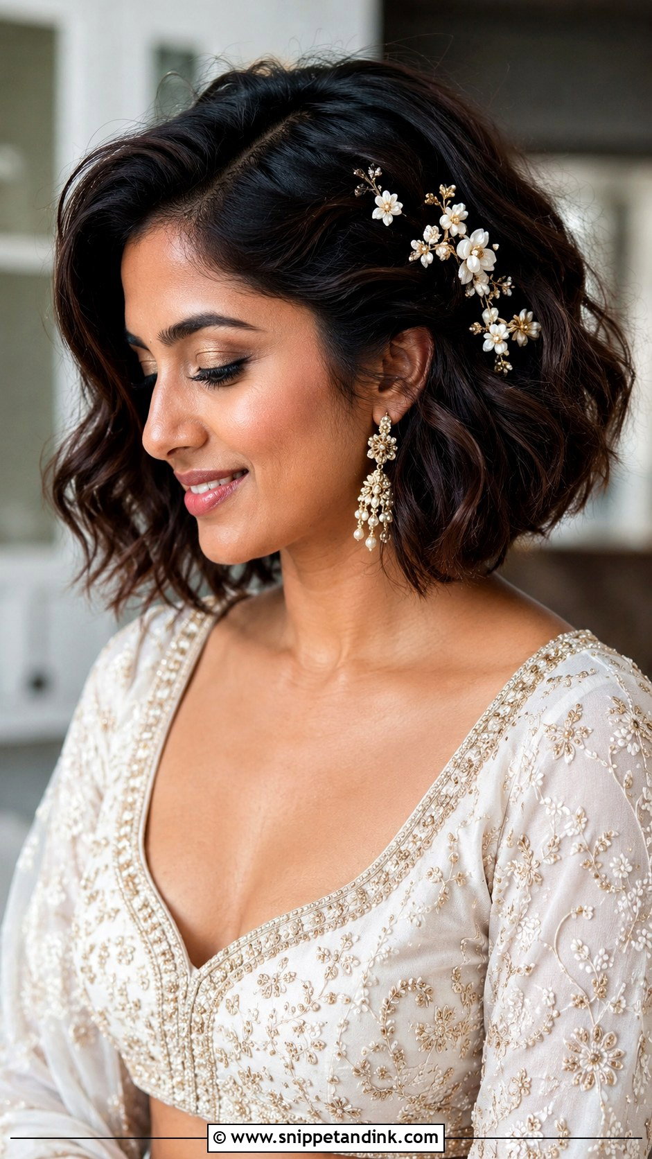Short Hair With Floral Pins Wedding Hair - Snippet and Ink - 15 Wedding Hair Styles for Shorter Hair