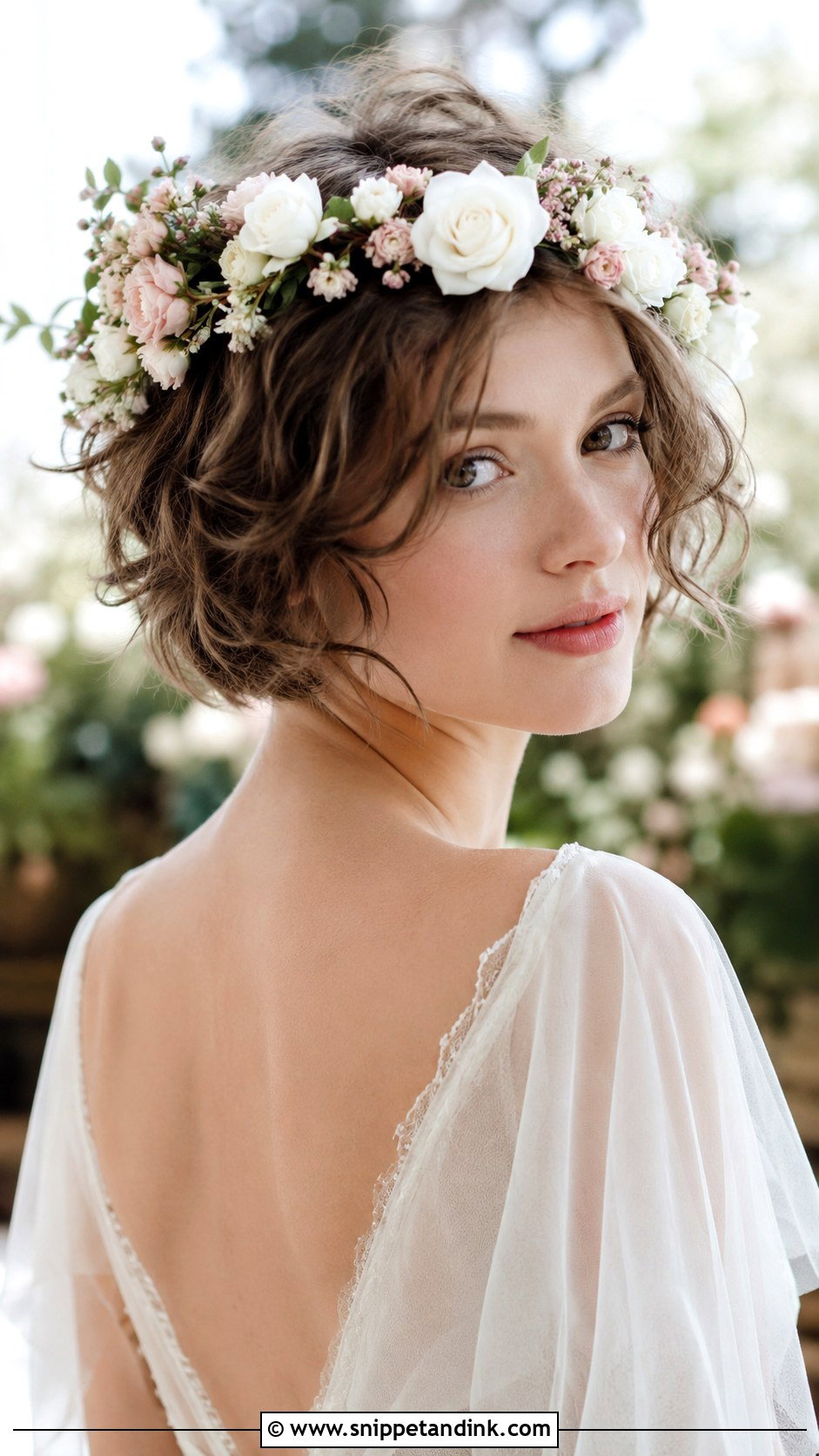 Short Hair With Flower Crown Halo - Snippet and Ink - 25 Bride Short Hairstyles