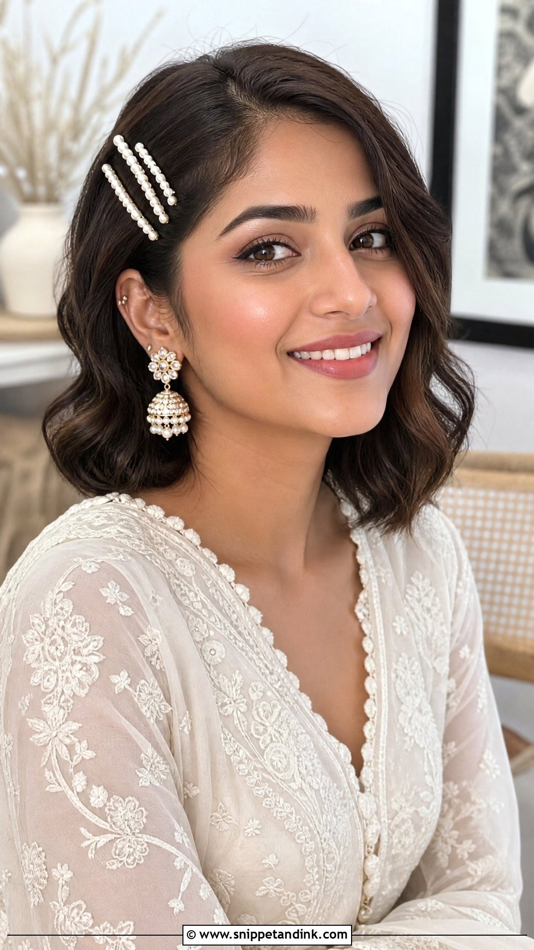 Short Hair With Pearl Clips For Indian Wedding - Snippet and Ink - 20 Short Hair Styles Indian Wedding