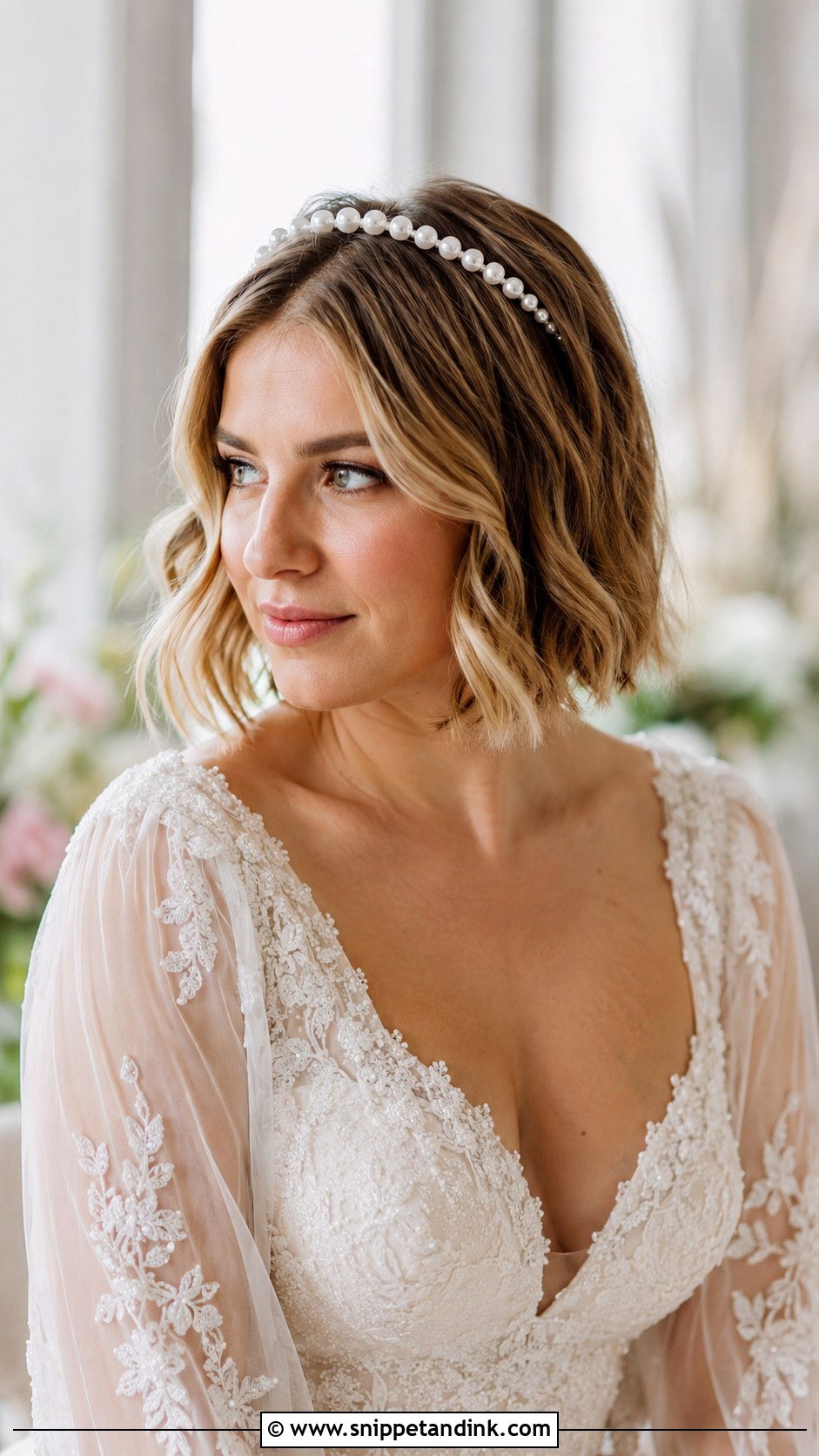 Short Hair With Pearl Headband Wedding Hairstyle - Snippet and Ink - 20 Elegant Short Hairstyles for Wedding