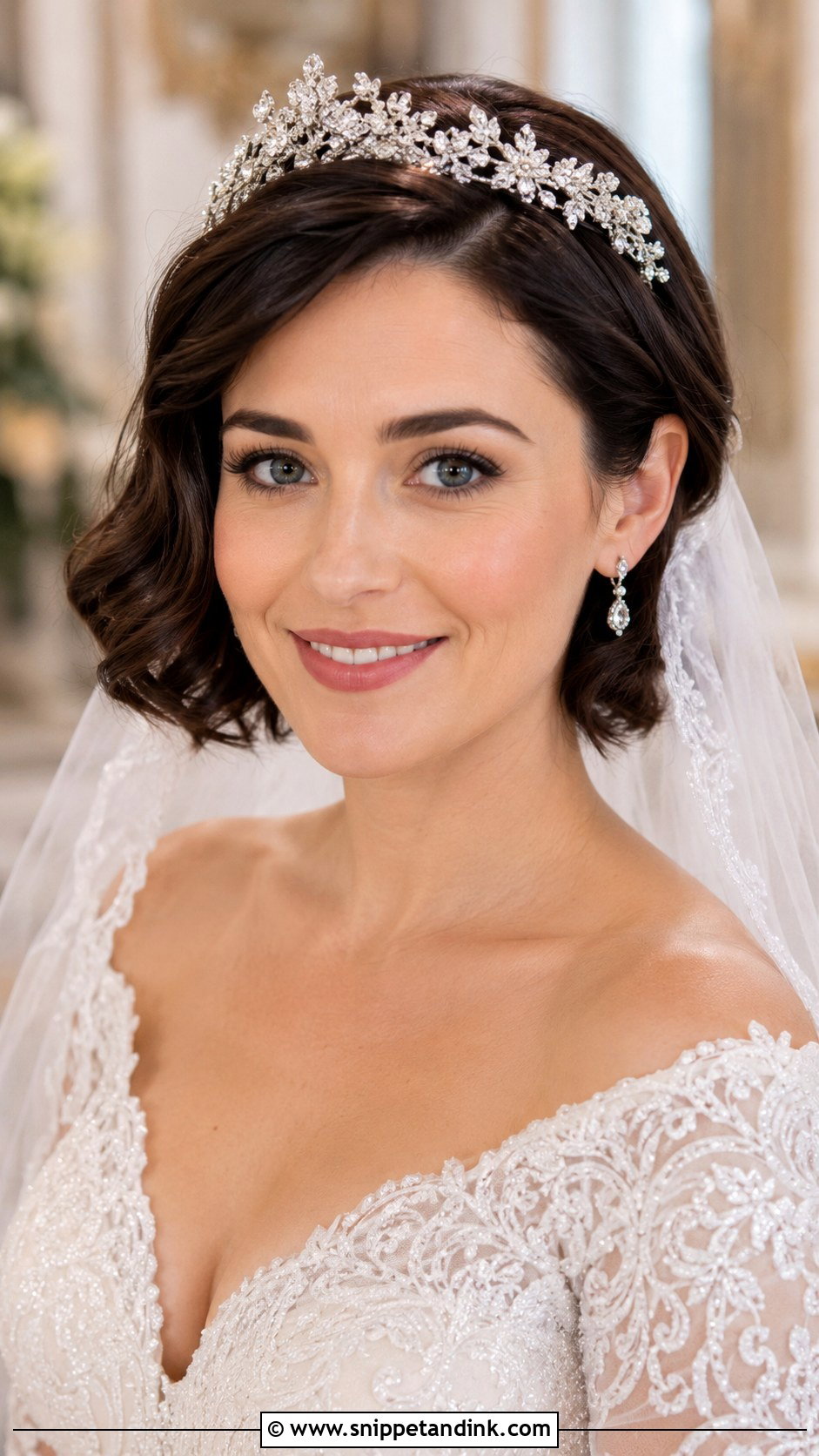 Short Hair With Sparkling Tiara - Snippet and Ink - 30 Short Bridal Hair Ideas