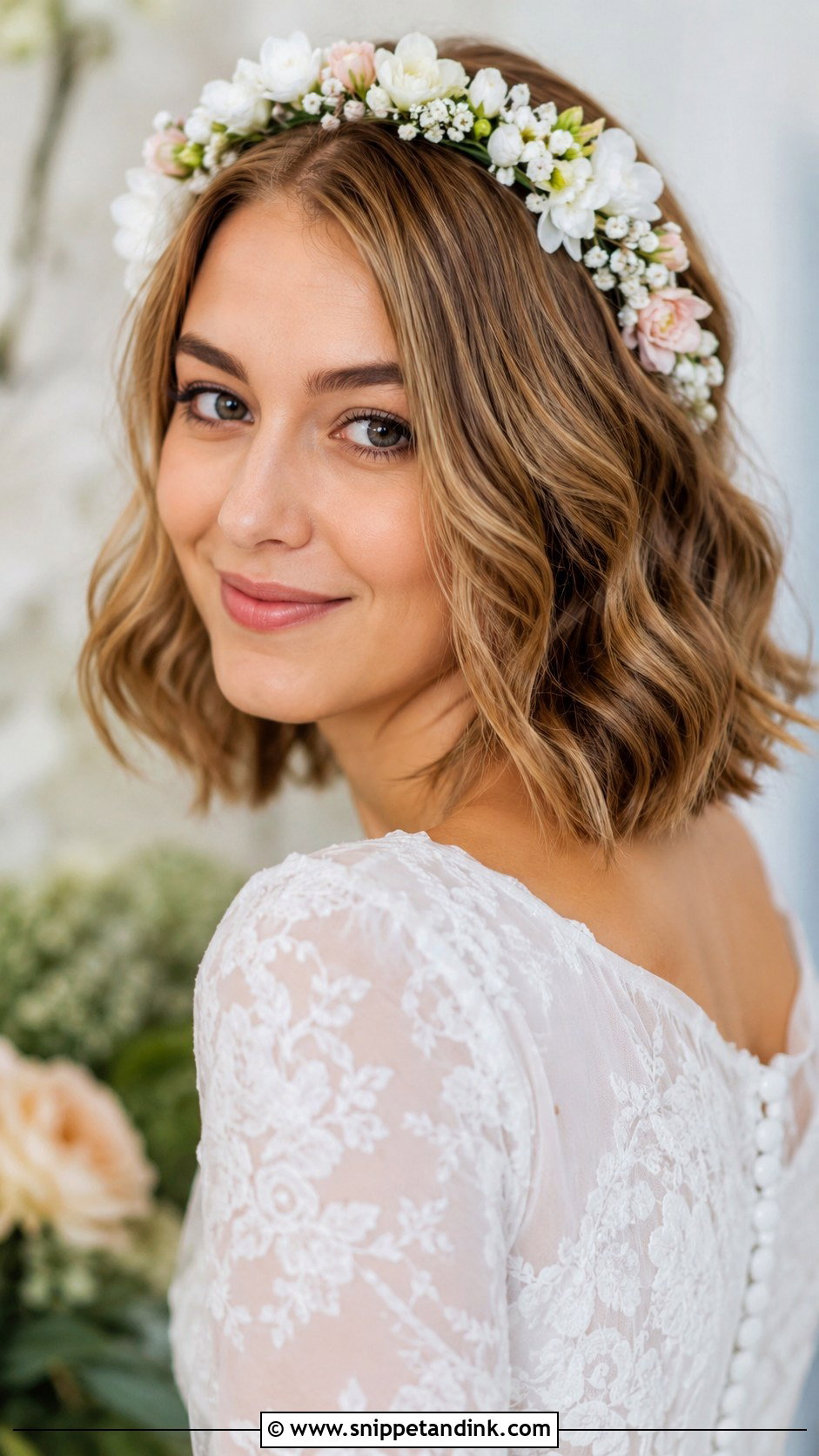 Short Hair With a Floral Headband - Snippet and Ink - 20 Cute Wedding Hairstyles for Short Hair