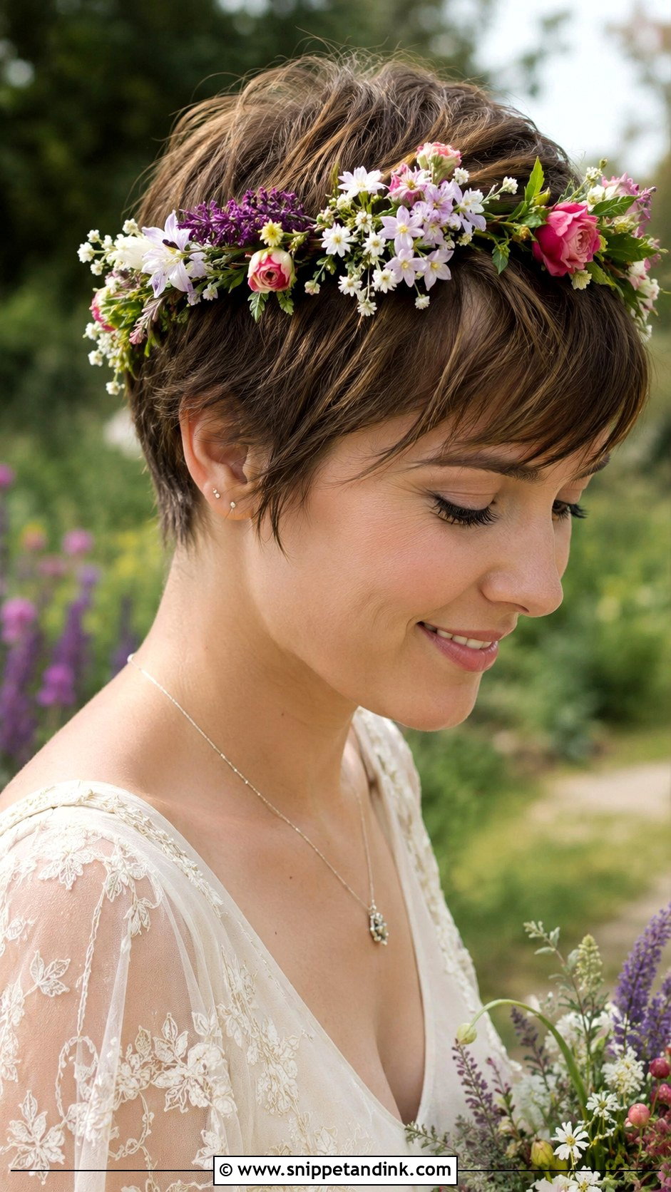 Short Hair with Floral Crown - Snippet and Ink - 25 Wedding Hair for Short Hair Ideas