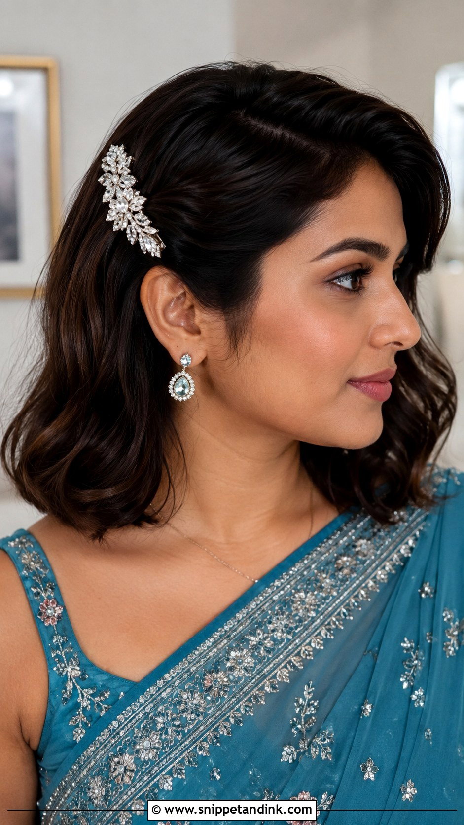 Short Hair with Jeweled Hair Clip - Snippet and Ink - 25 Short Hair Hairstyles for Wedding Indian
