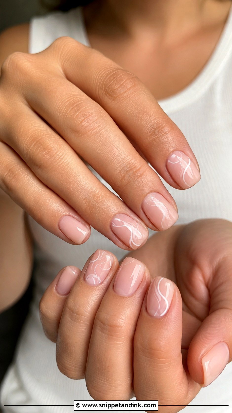 Short Nude Nails With White Swirls - Snippet and Ink - 20 Nail Inspo for Wedding Guest Ideas