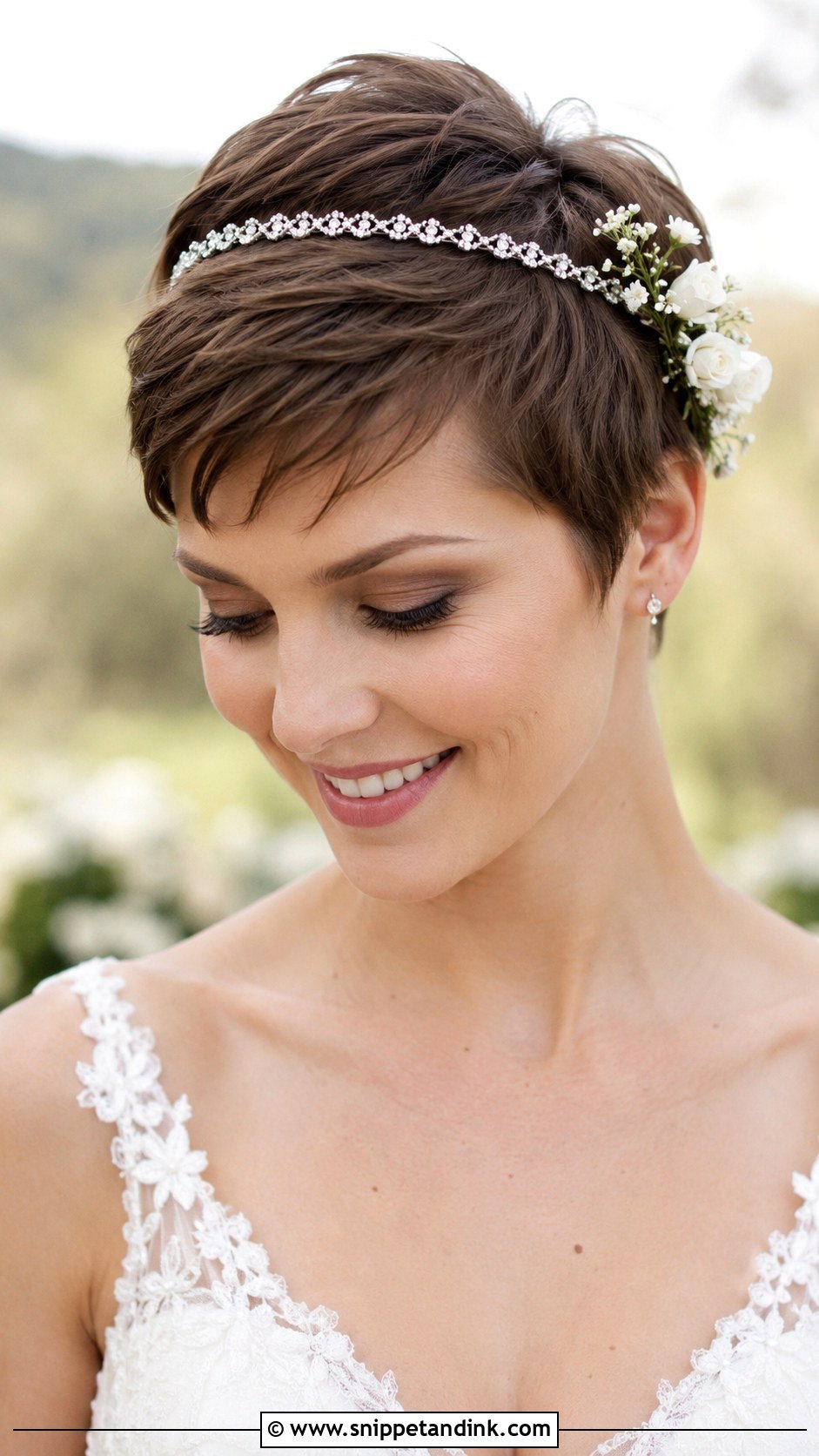 Short Pixie with Floral Accents - Snippet and Ink - 25 Summer Wedding Hairstyles