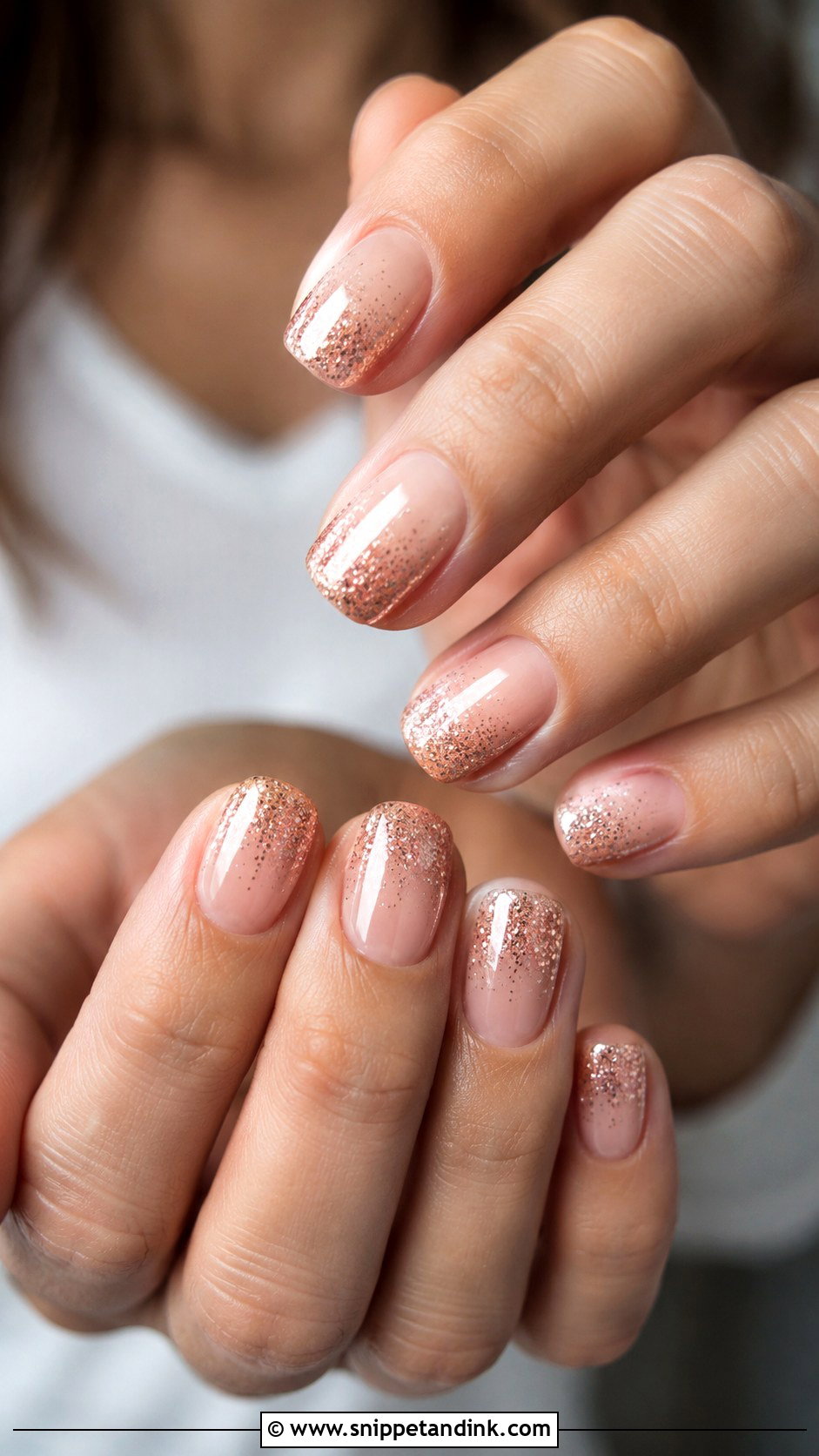 Short Rose Gold Glitter Nails - Snippet and Ink - 20 Short Wedding Guest Nails