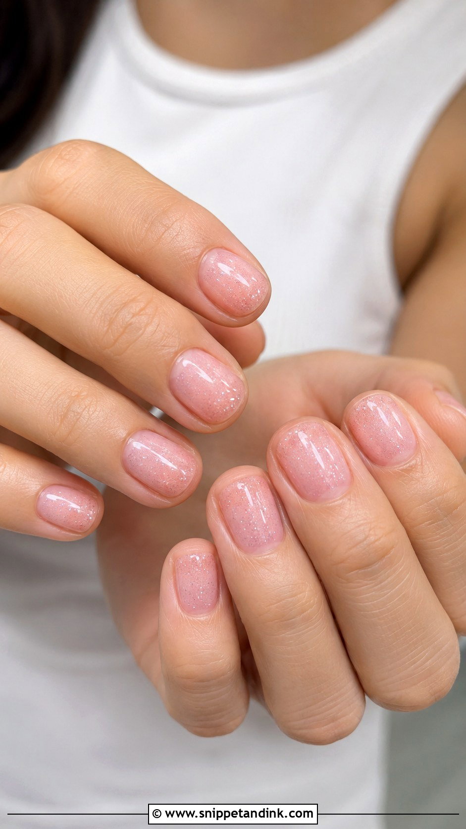 Short Sheer Pink Shimmer Nails - Snippet and Ink - 20 Short Wedding Guest Nails