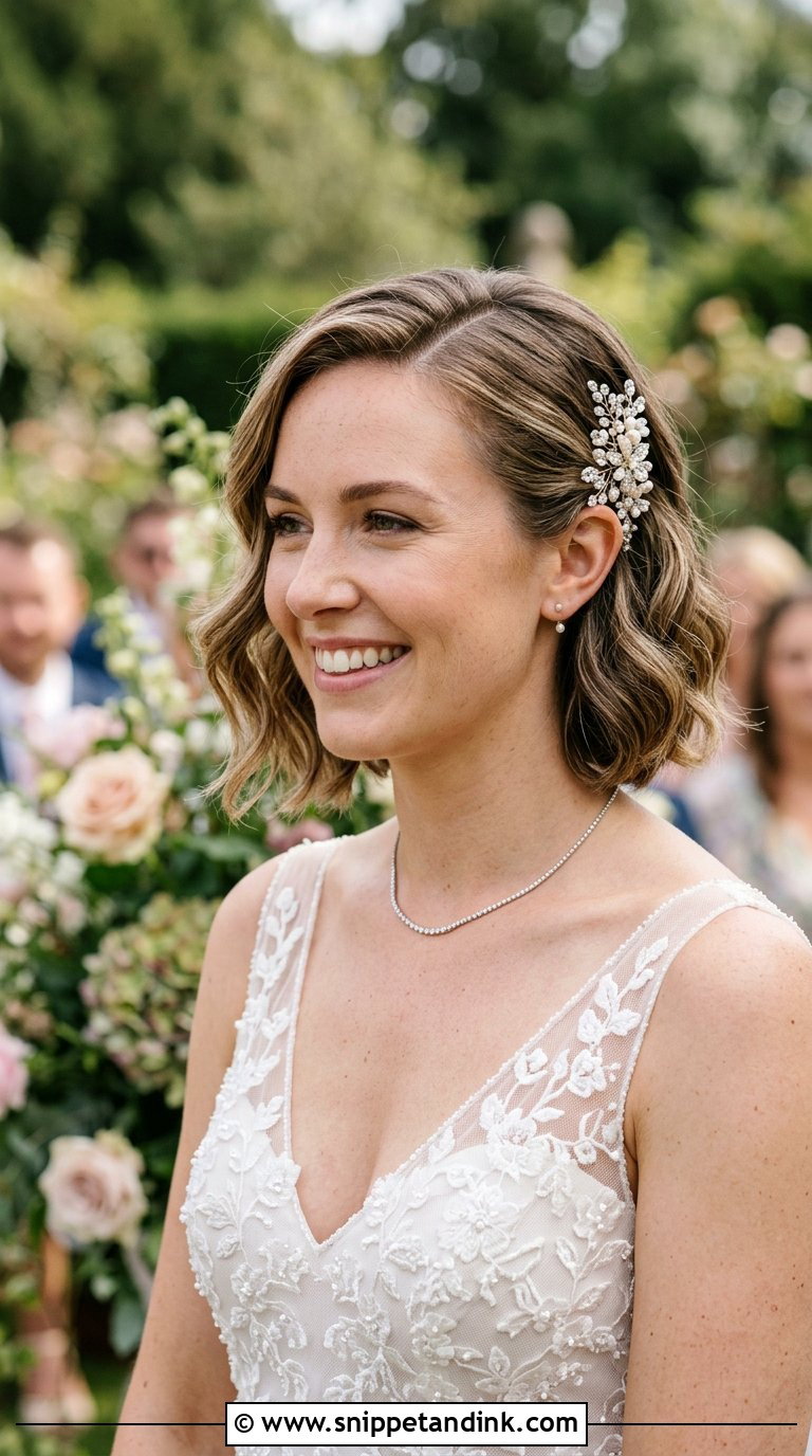 Short Wavy Bob with Side Part - Snippet and Ink - 20 Brides with Short Hair Ideas