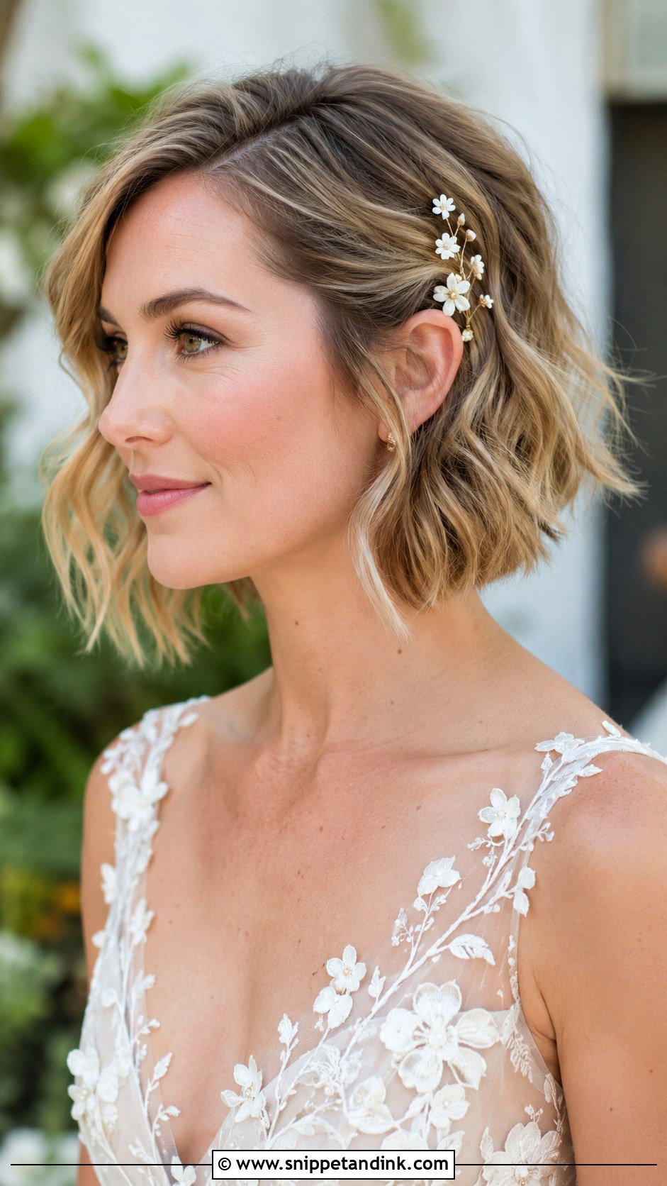 Short Wavy Hair With Floral Pins - Snippet and Ink - 15 Short Wavy Hair Wedding Ideas