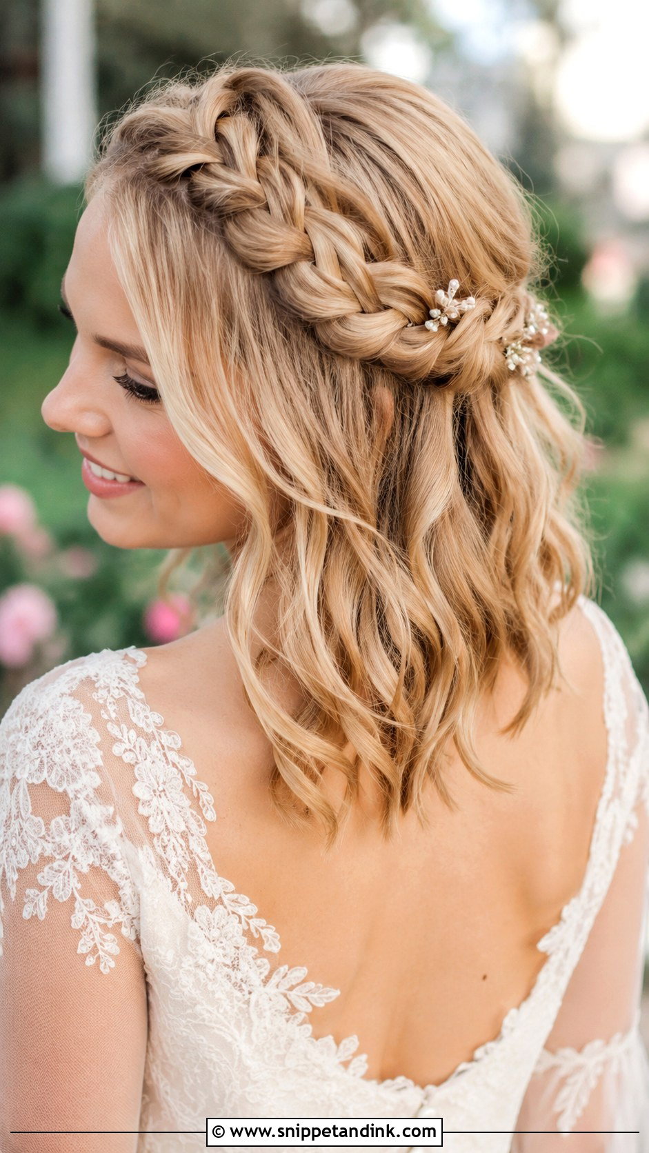 Shoulder Length Braided Crown Bride Hair - Snippet and Ink - 15 Shoulder Length Bride Hairstyles