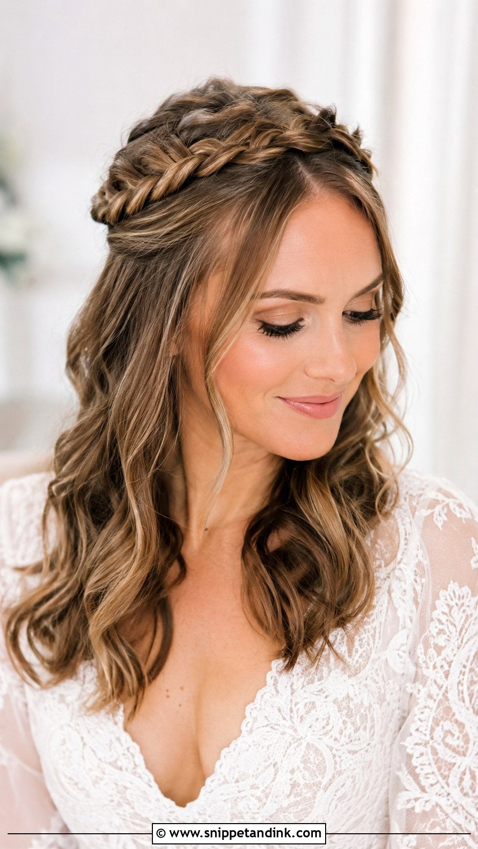Shoulder Length Bridal Half Up Half Down Crown Braid - Snippet and Ink - 15 Shoulder Length Bridal Half-Up Half-Down Hair Ideas