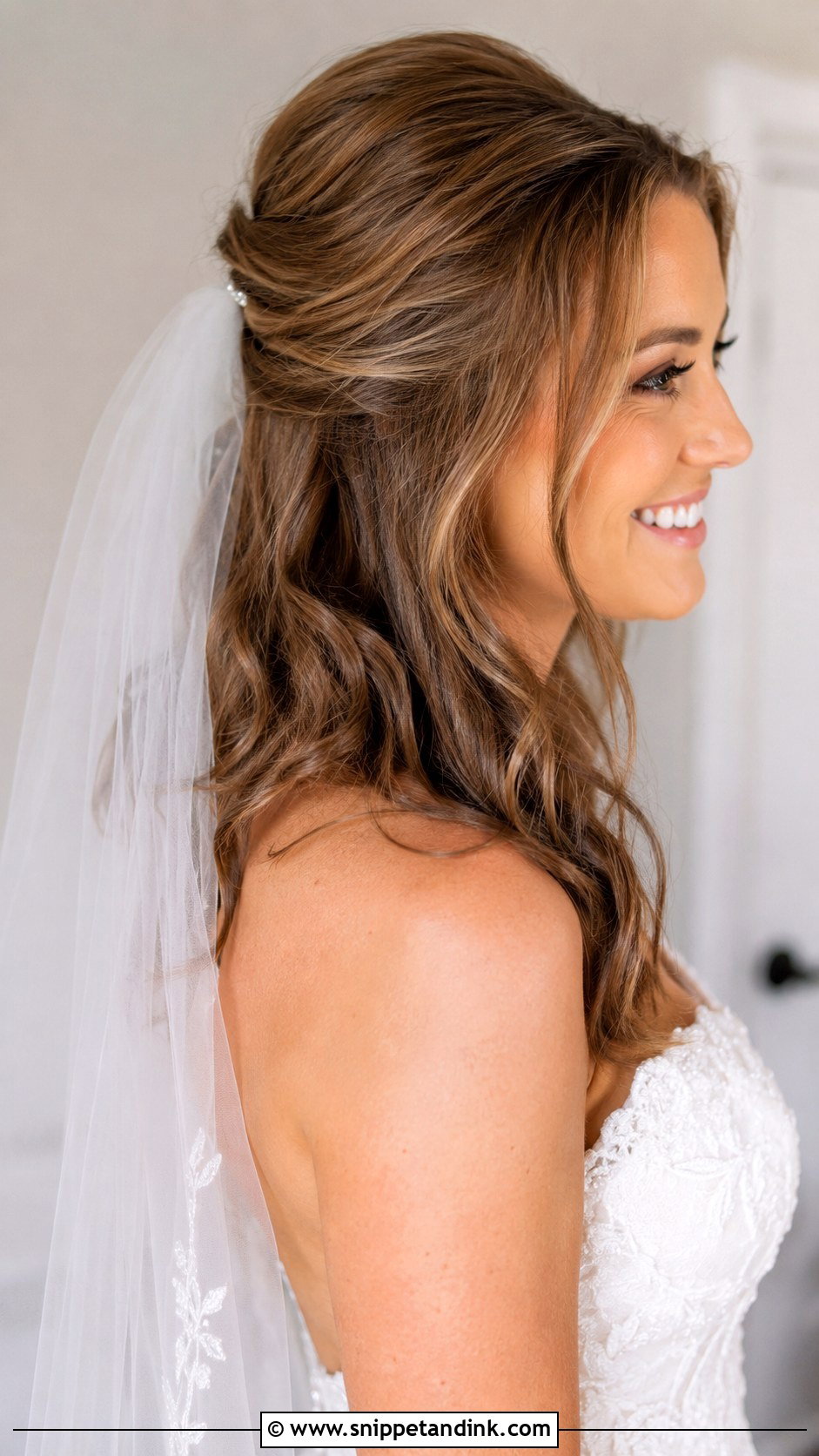 Shoulder Length Bridal Half Up Half Down With Pearl Pins - Snippet and Ink - 15 Shoulder Length Bridal Half-Up Half-Down Hair Ideas