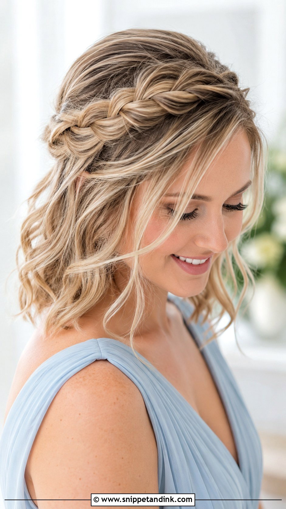 Shoulder Length Bridesmaid Braided Crown - Snippet and Ink - 20 Short Hair Wedding Styles Bridesmaid Shoulder Length