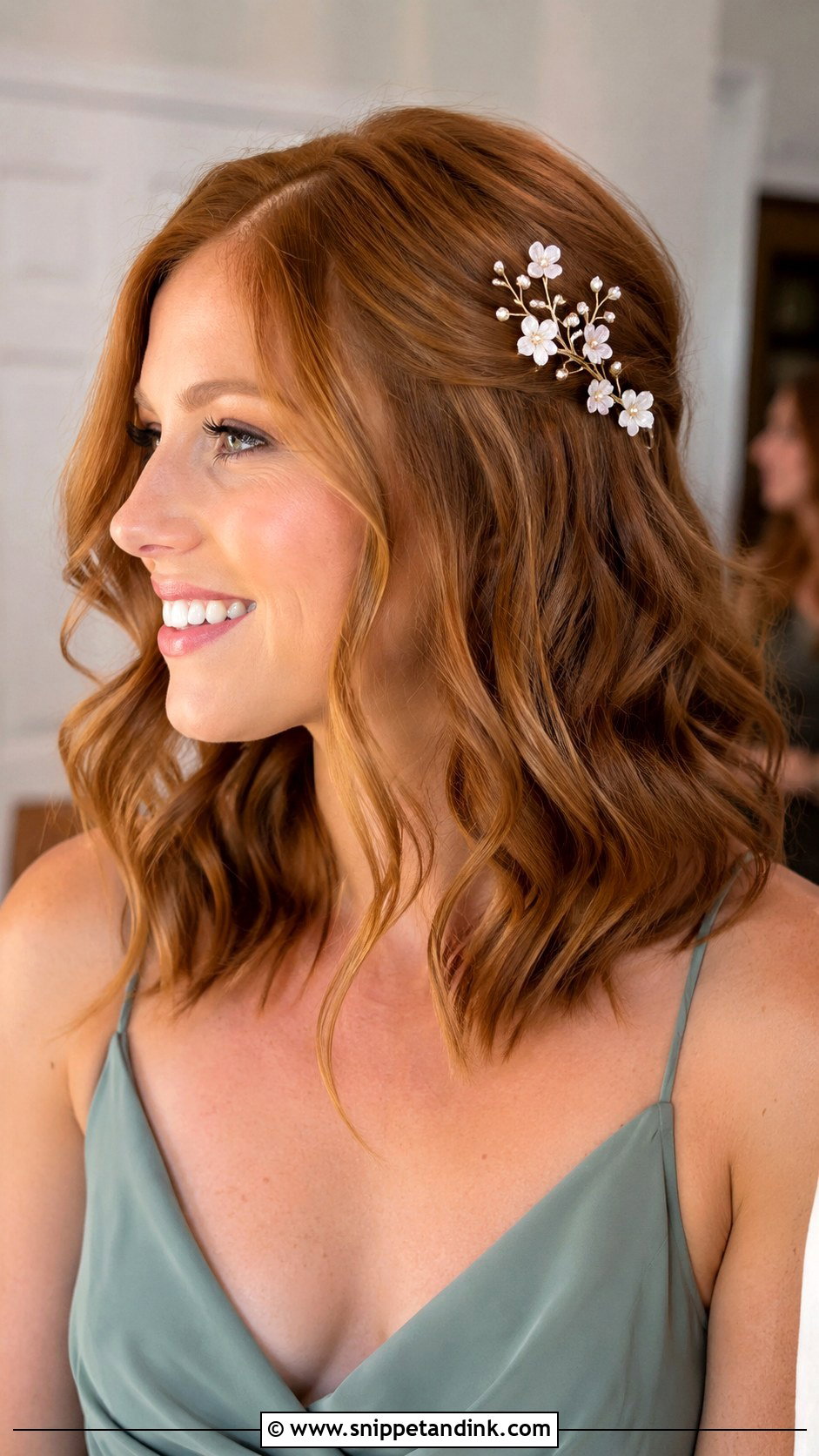 Shoulder Length Bridesmaid Floral Pin Hair - Snippet and Ink - 20 Short Hair Wedding Styles Bridesmaid Shoulder Length
